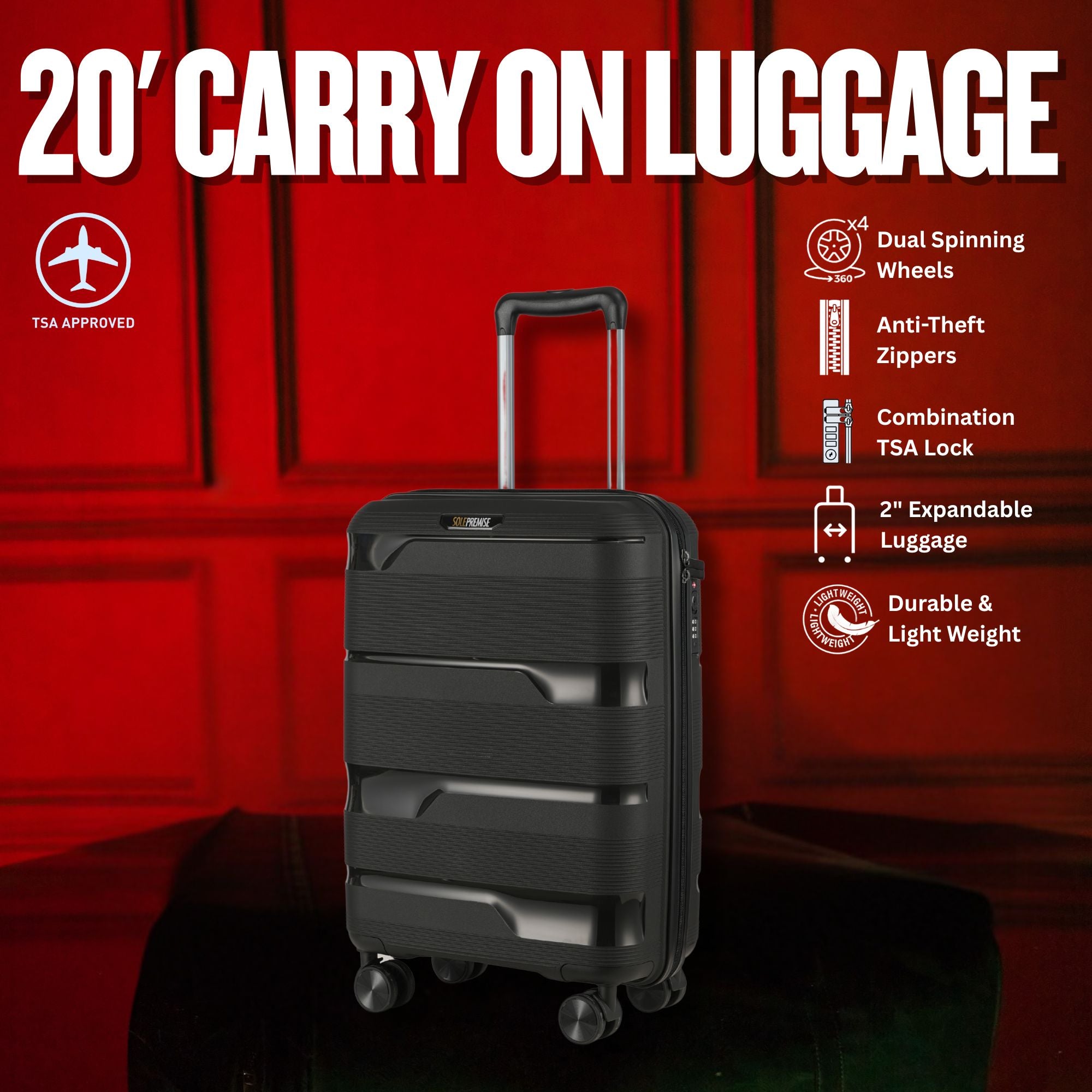 Hardcase Roller Luggage 20' with 360° Wheels & TSA Lock (Carry On) - Sole Premise