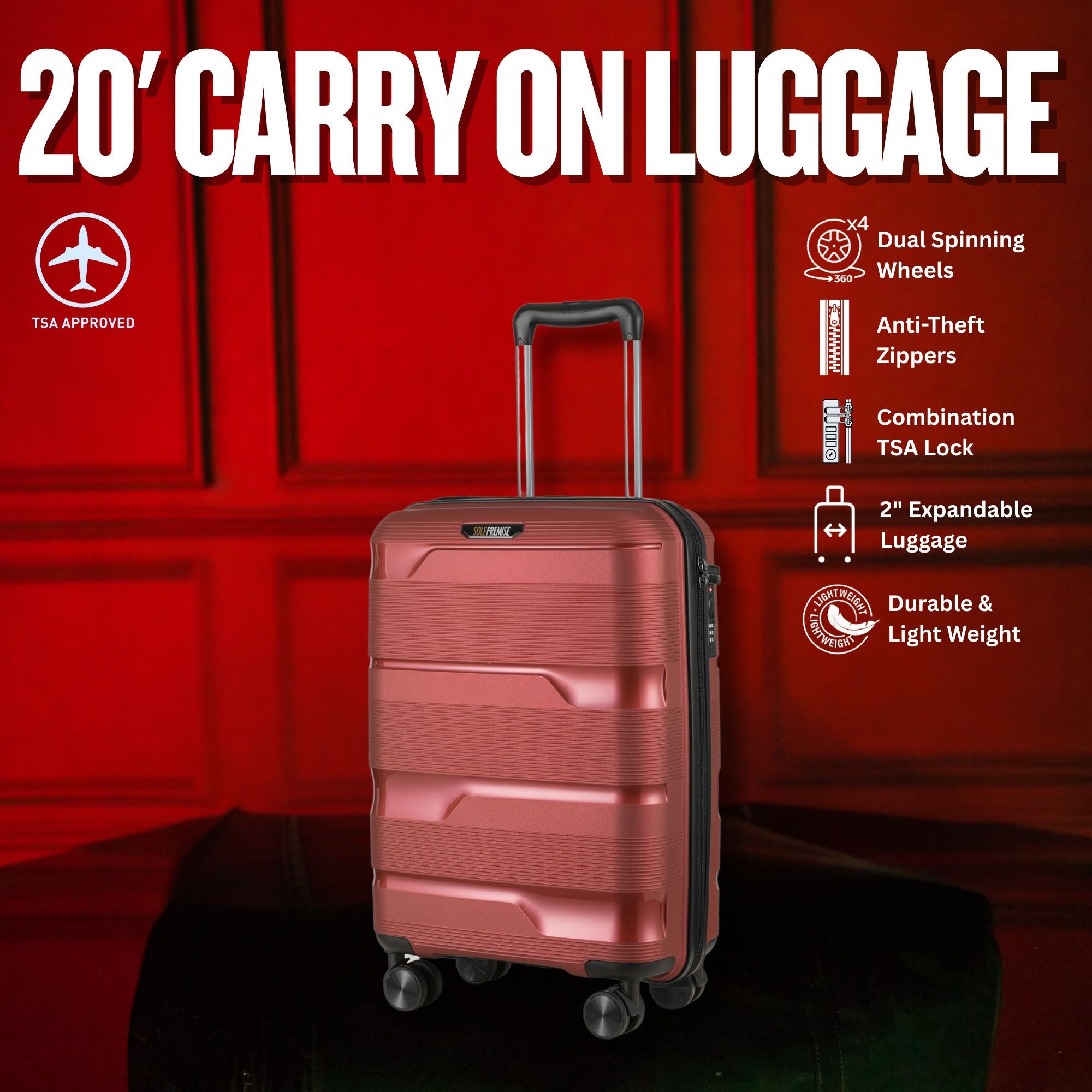 Red Hardcase Roller Carry On Luggage 20' with 360° Wheels