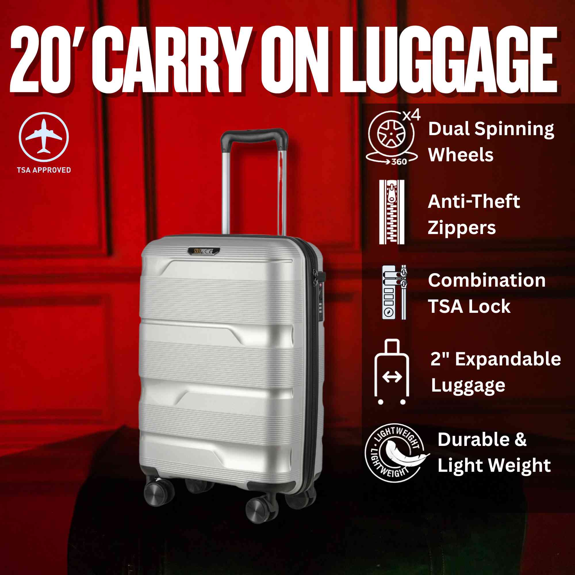 20-inch Silver Carry-On Hardcase Roller Luggage with 360° Wheels