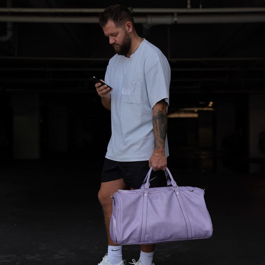 Purple Leather Weekender Duffle Bag