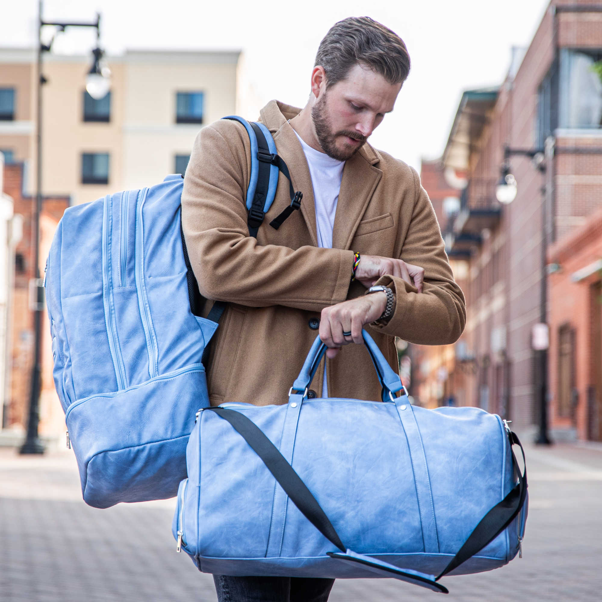 Baby Blue Leather Luxury Carry-On Backpack (Patented Signature Design) - Sole Premise