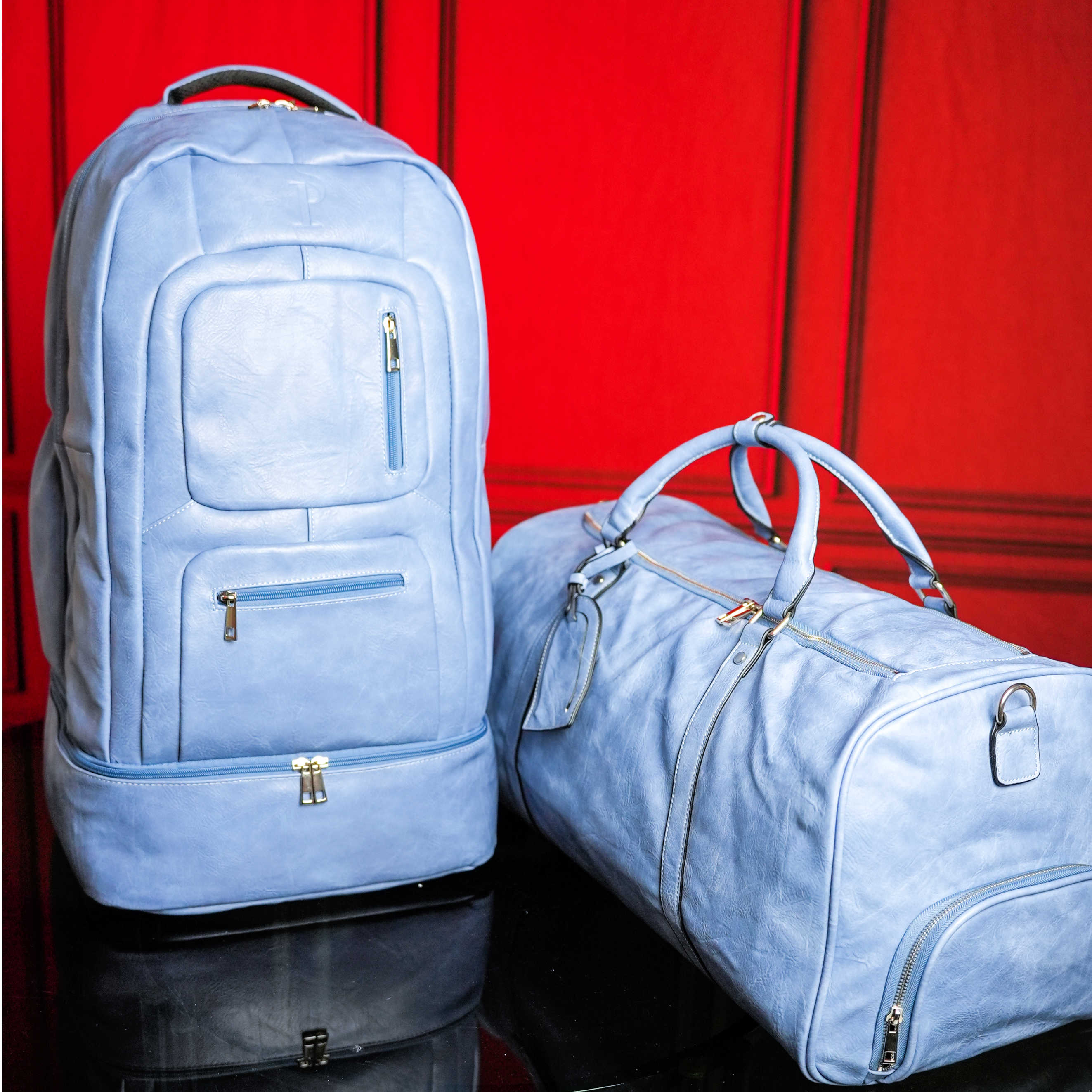 Baby Blue Tumbled Leather Signature Bag Set (Signature and Duffle Bag) - Sole Premise