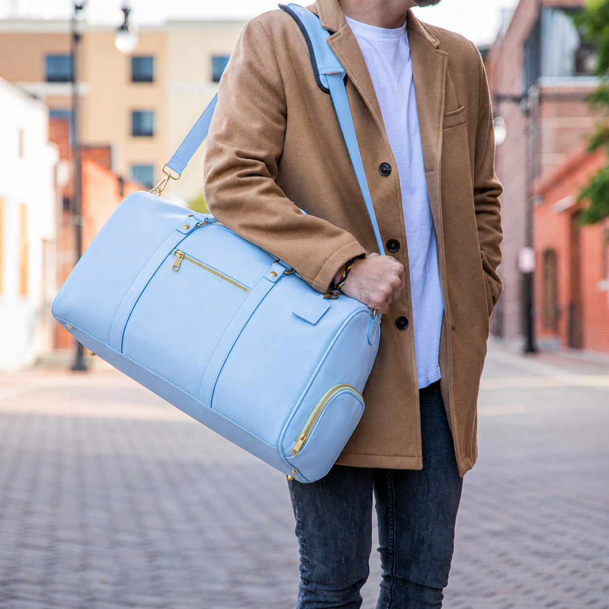 Baby Blue Leather Duffle Bag - Sole Premise
