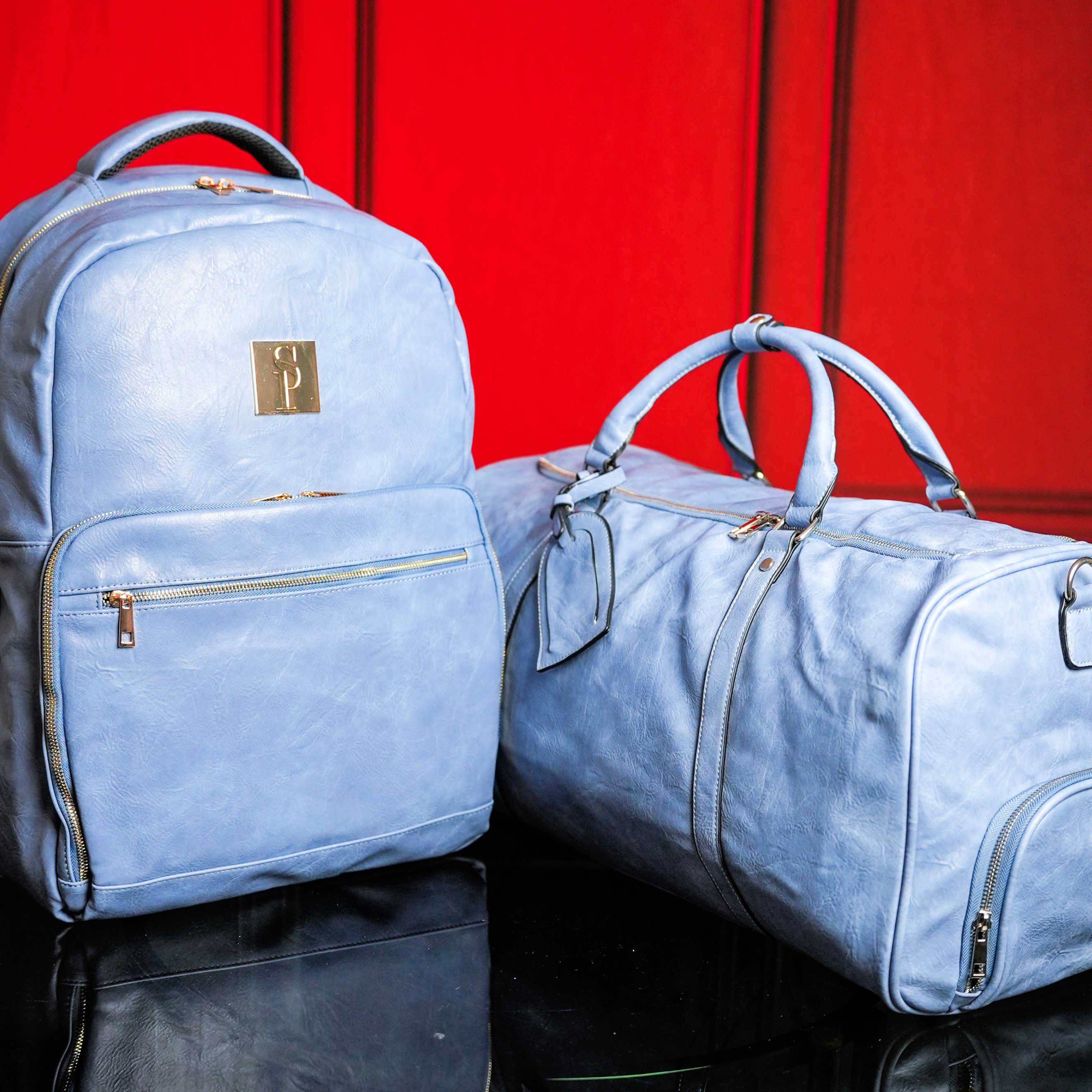 Baby Blue Tumbled Leather 2 Bag Set (Commuter and Duffle) - Sole Premise