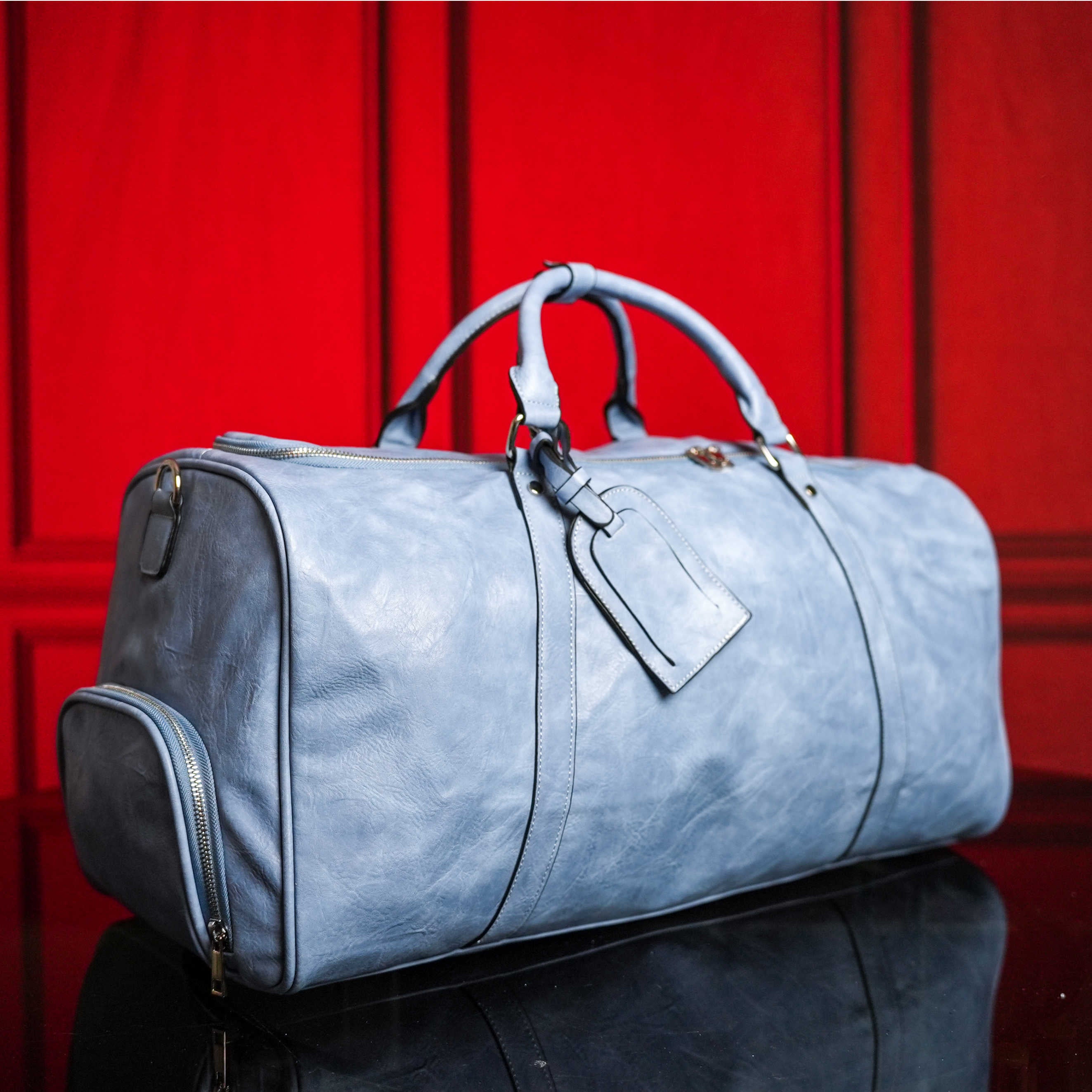 Baby Blue Tumbled Leather 2 Bag Set (Commuter and Duffle) - Sole Premise
