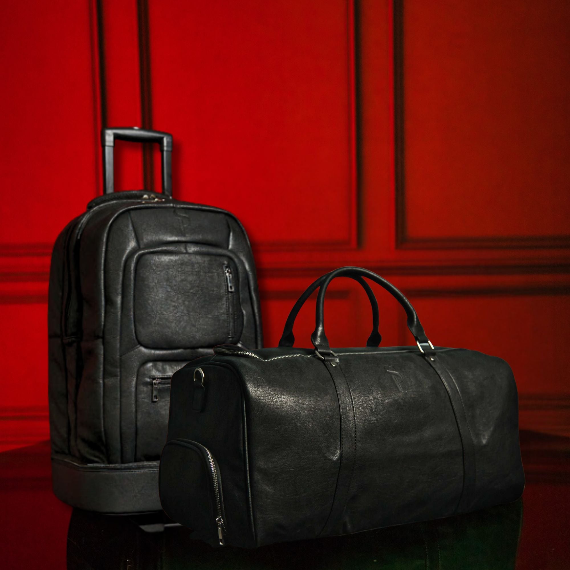Black Leather Roller Bag Set