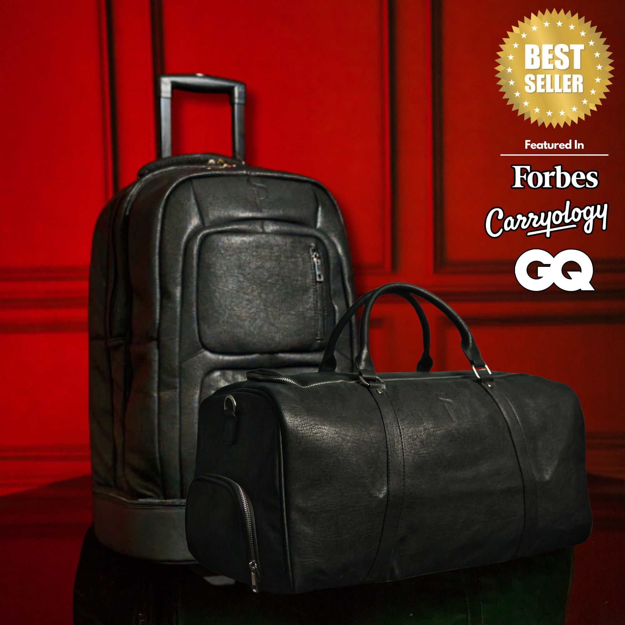 best men's travel bag Sole Premise Black Leather Roller Bag Set