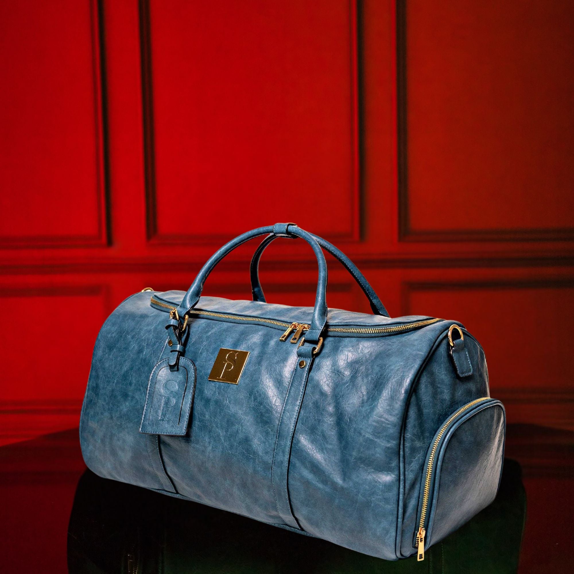 Blue Tumbled Leather Weekender Duffle Bag