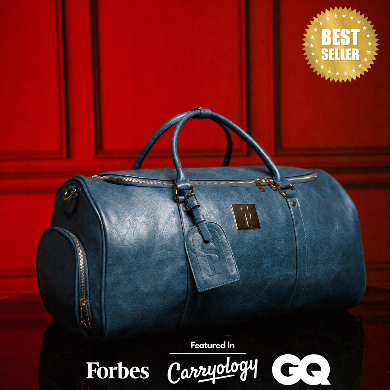 Blue Tumbled Leather Weekender Duffle Bag