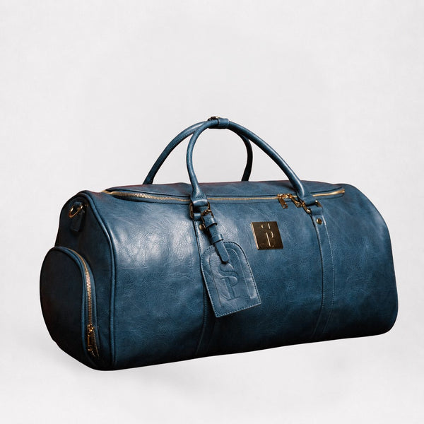 Blue Tumbled Leather Weekender Duffle Bag