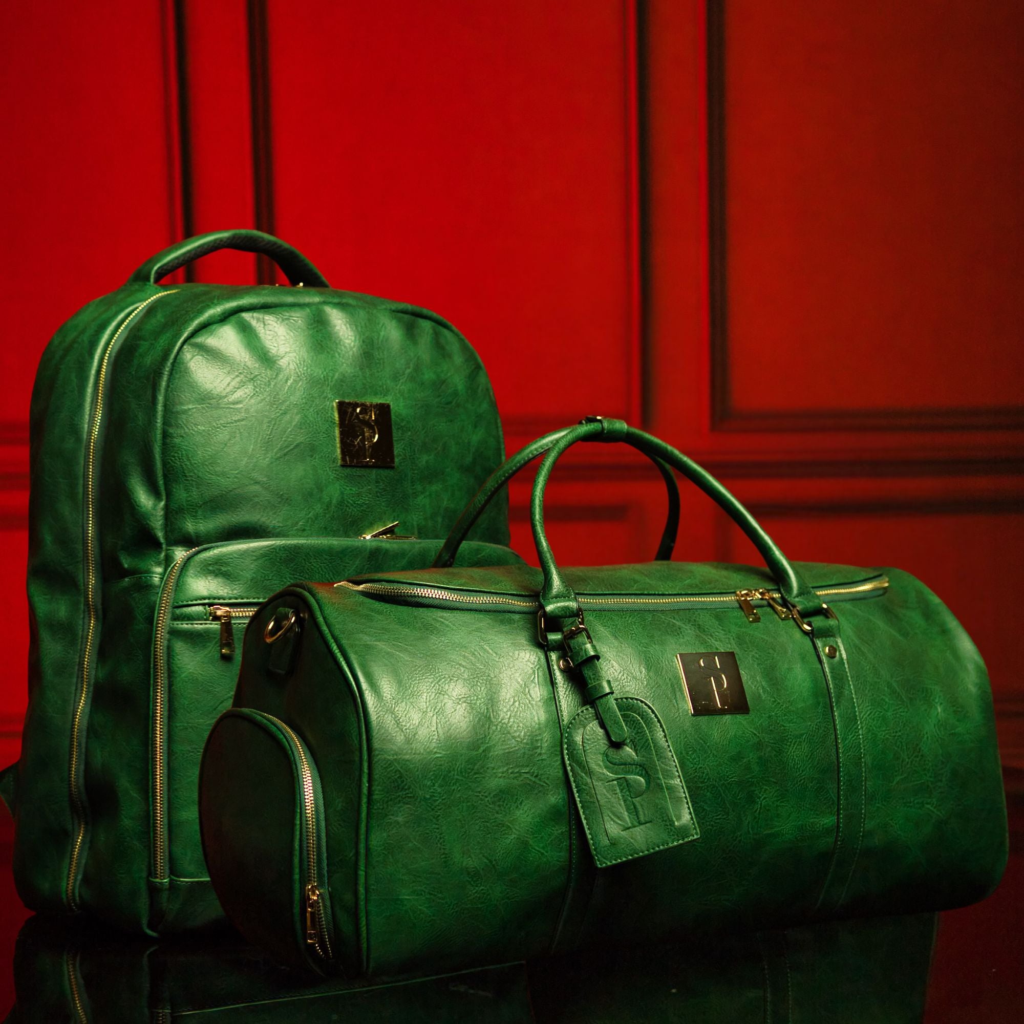 Sole Premise Emerald Green Leather 2 Bag Set (Commuter Backpack and Duffle) Sole Premise Emerald Green Leather 2 Bag Set (Commuter Backpack and Duffle)