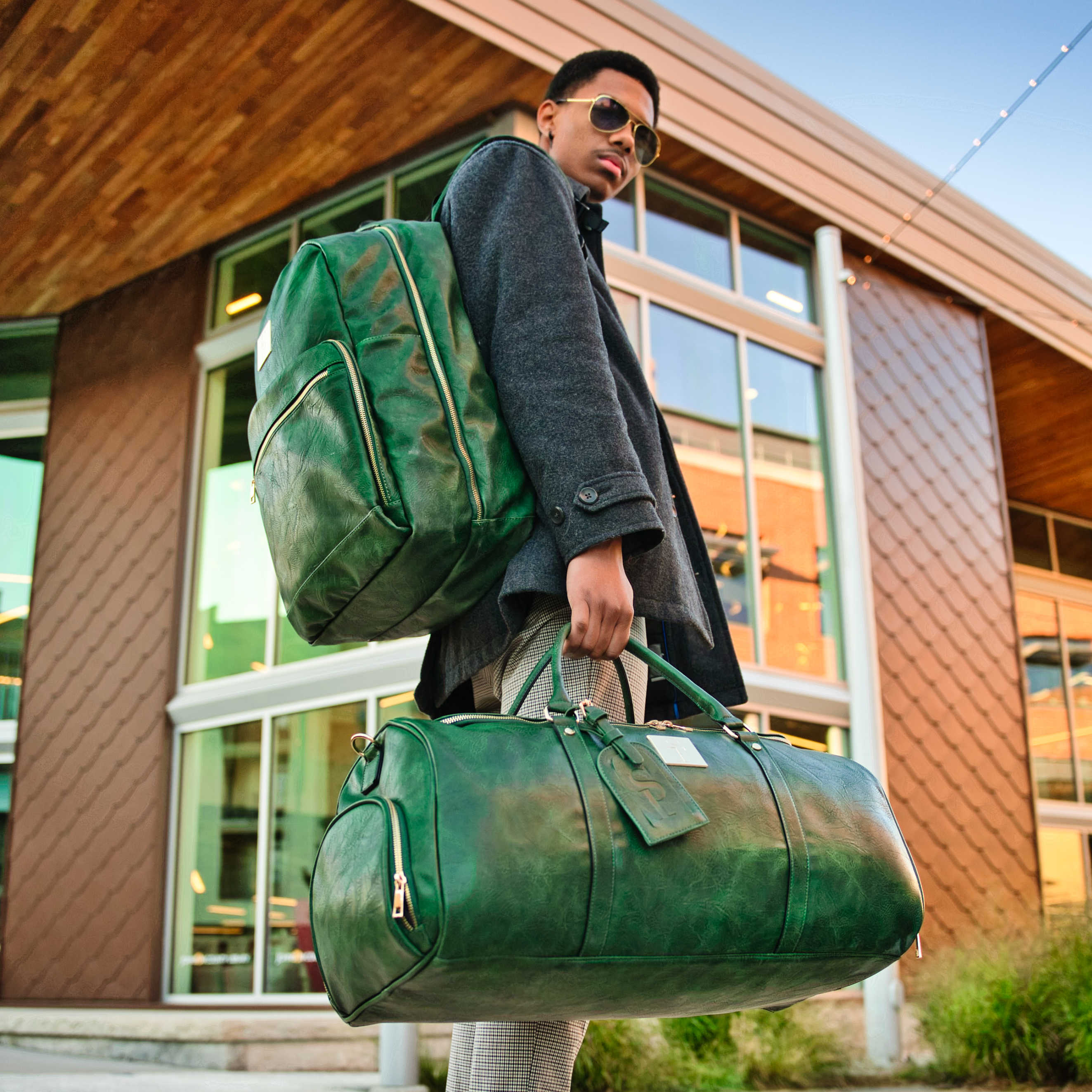 Emerald Green Tumbled Leather 2 Bag Set (Commuter Backpack and Duffle) - Sole Premise