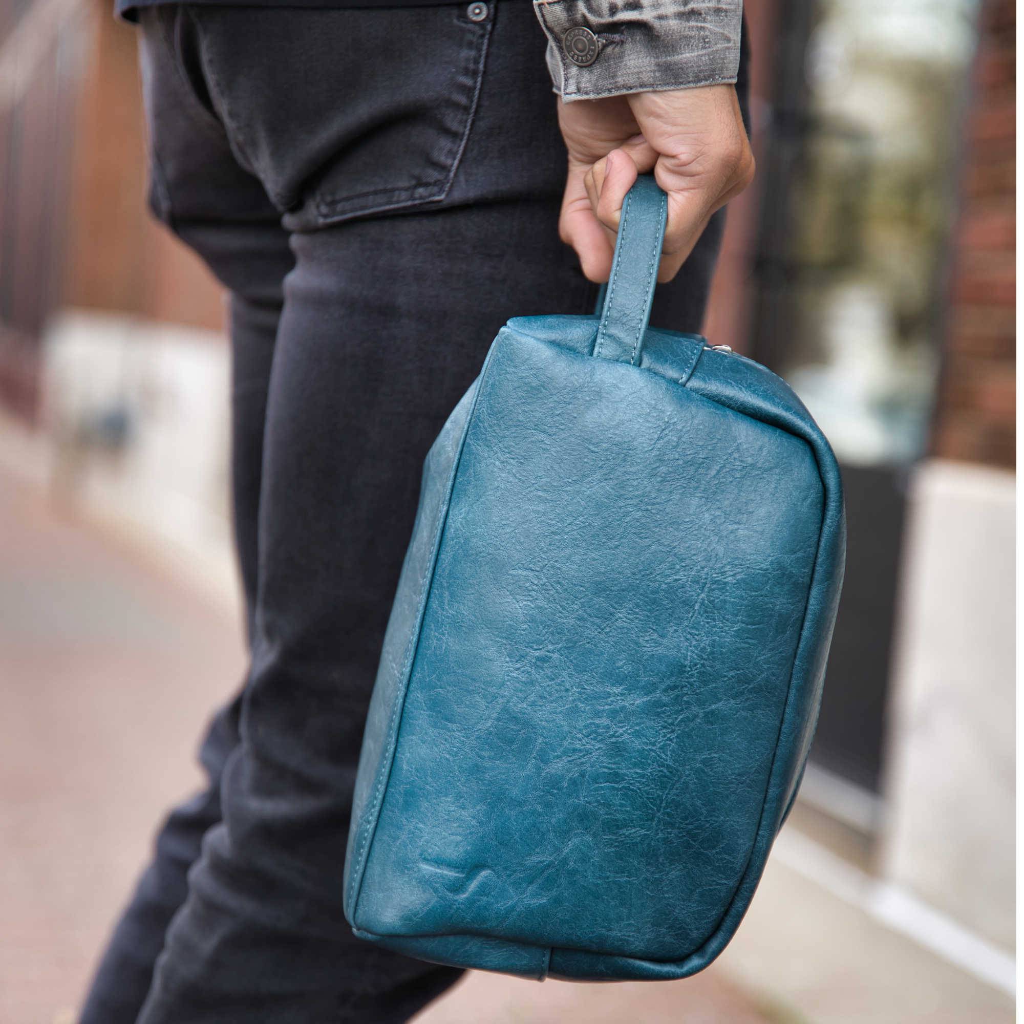 leather men's toiletry travel bag Premium Leather Toiletry Bag - Blue - Waterproof