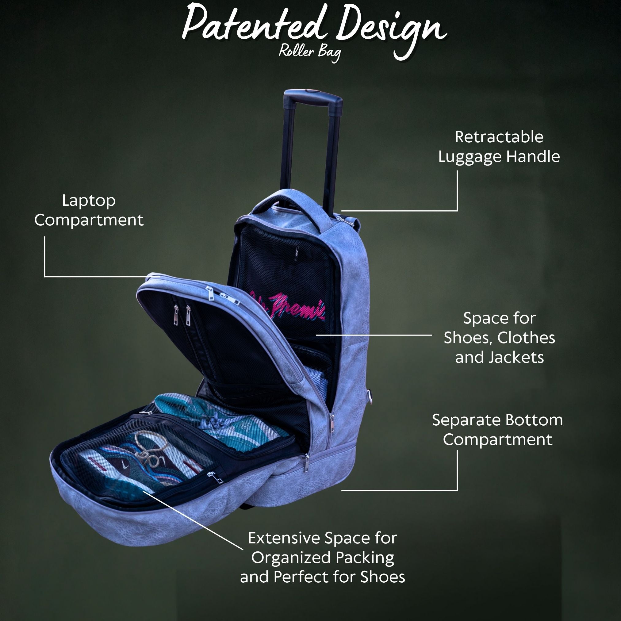 Grey Leather Carry-On Roller Bag (Patented Signature Design) - Sole Premise