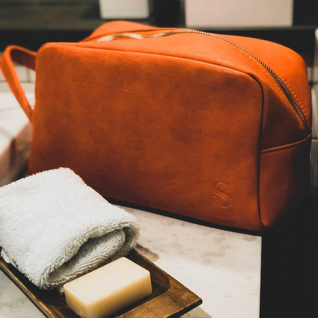 Orange Tumbled Leather Toiletry Bag - Sole Premise