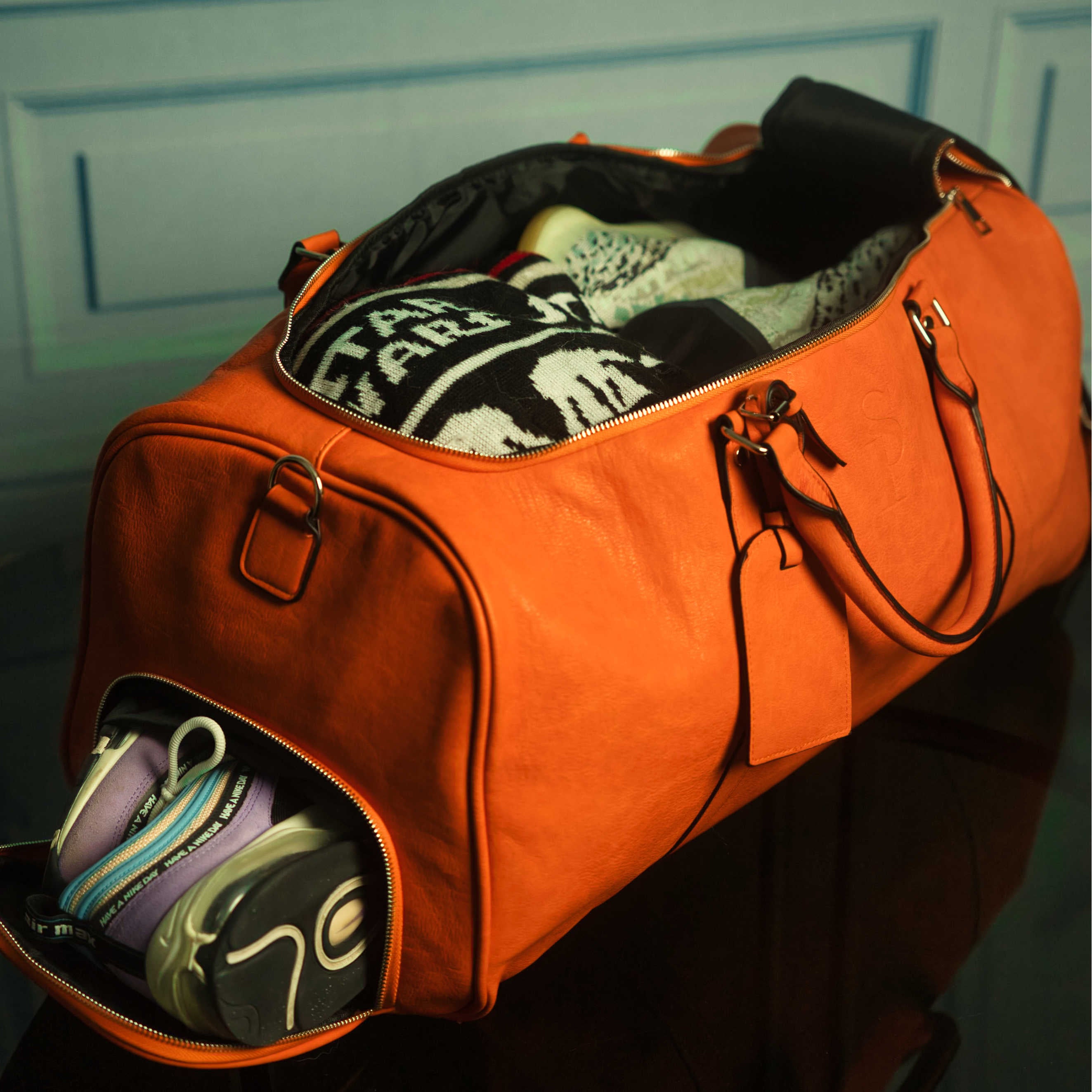 Orange Tumbled Leather Duffle Bag - Sole Premise