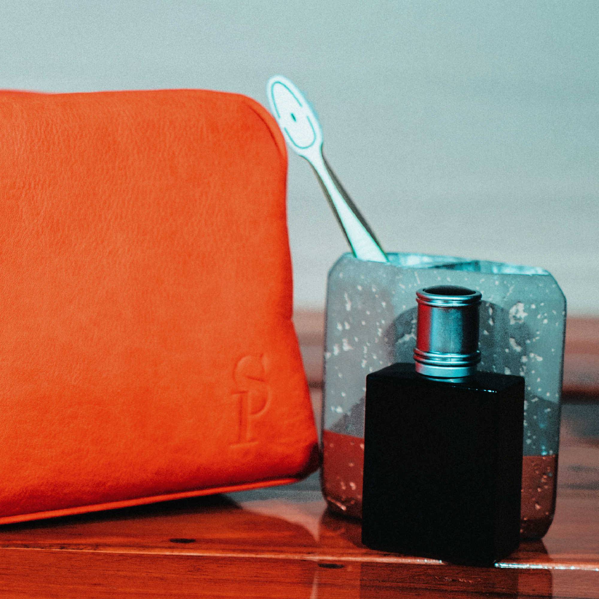 Orange Tumbled Leather Toiletry Bag - Sole Premise