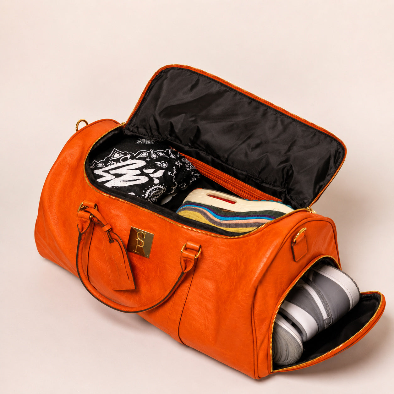 Orange Tumbled Leather Duffle Bag - Sole Premise