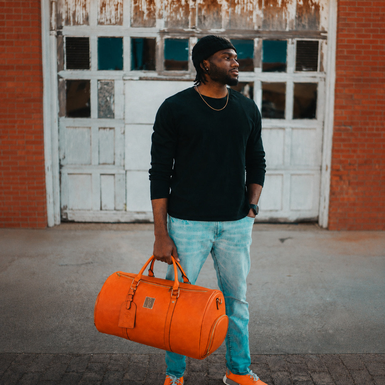 Orange Tumbled Leather Duffle Bag - Sole Premise