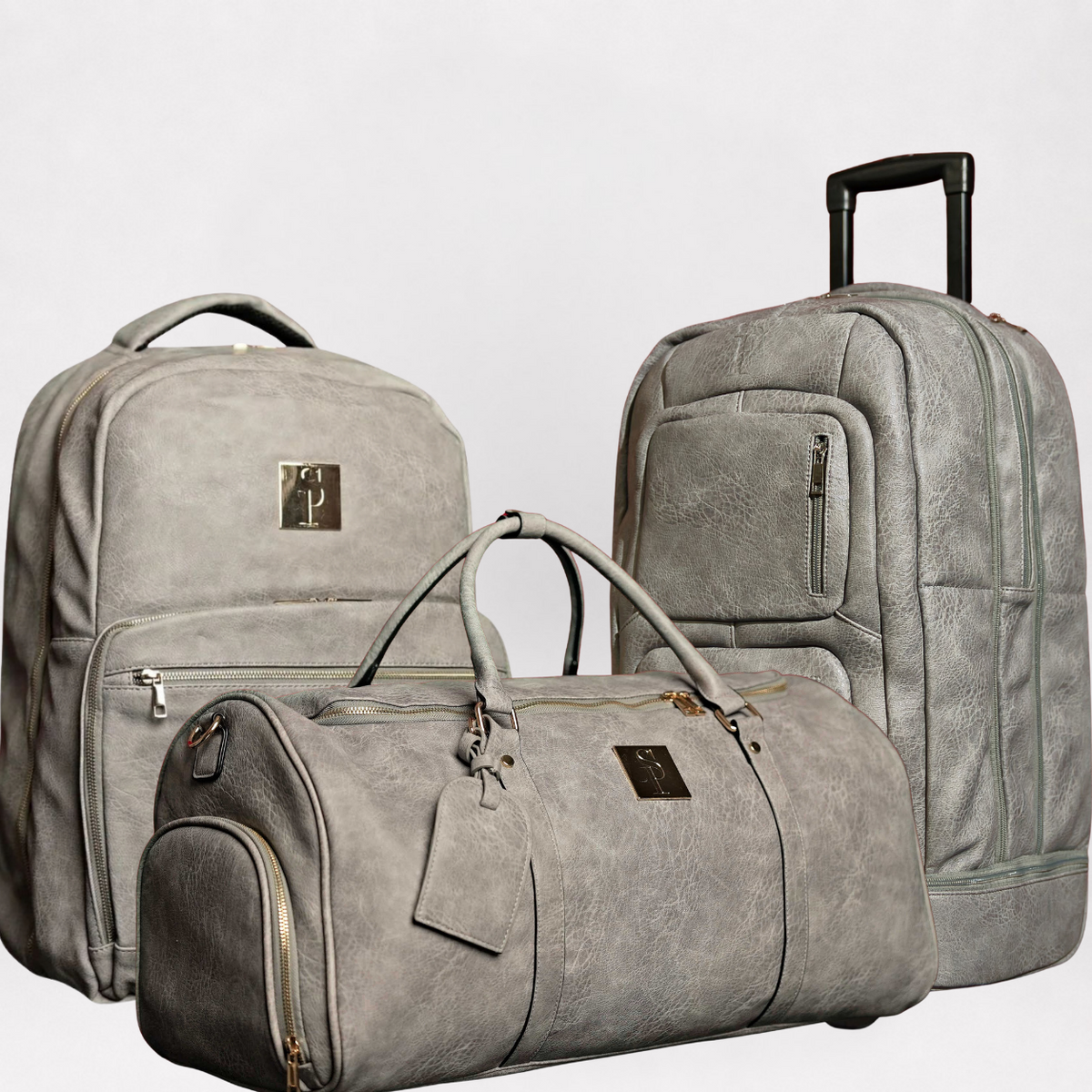 Grey Leather 3 Roller Bag Set