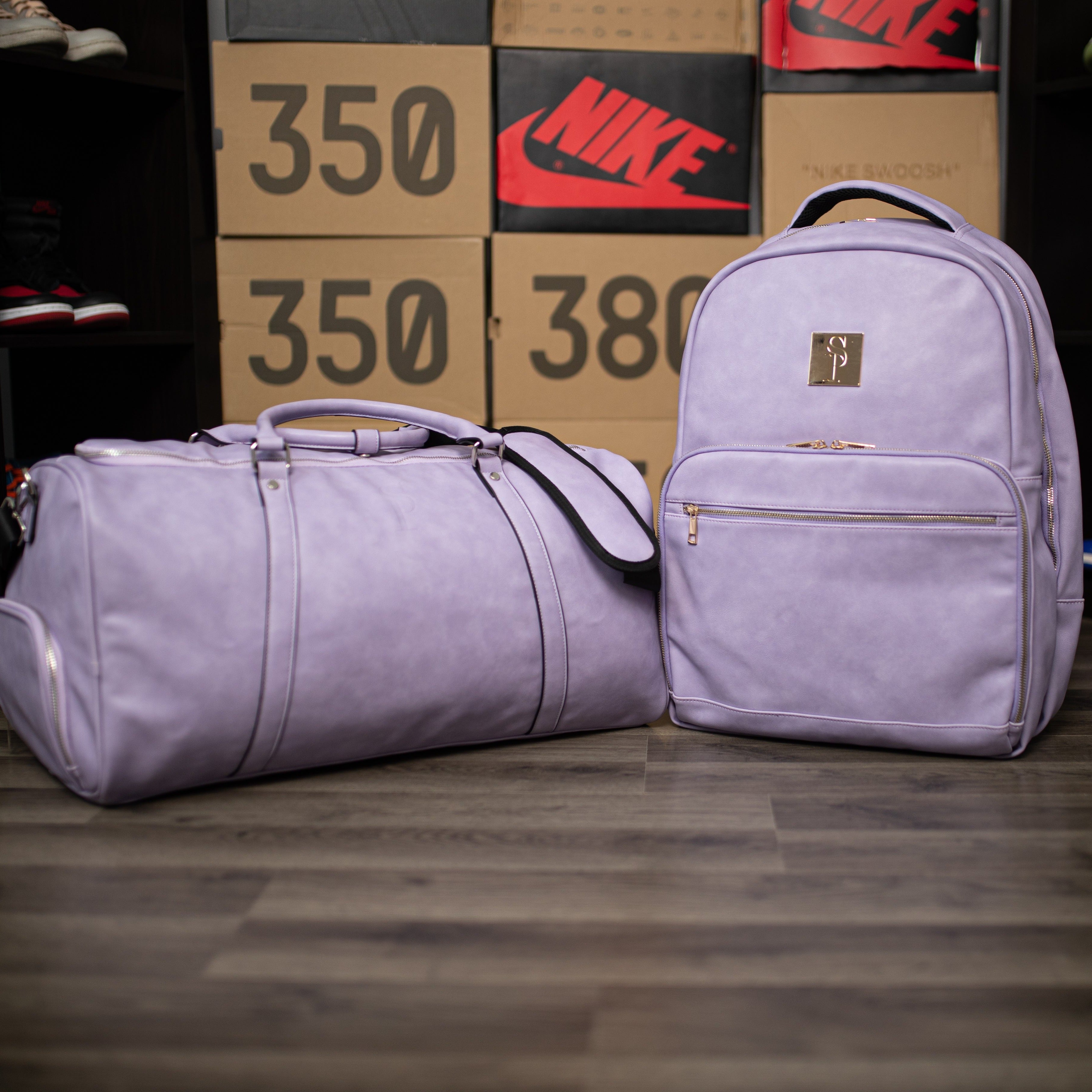 Purple Tumbled Leather 2 Bag Set (Commuter Backpack and Duffle)