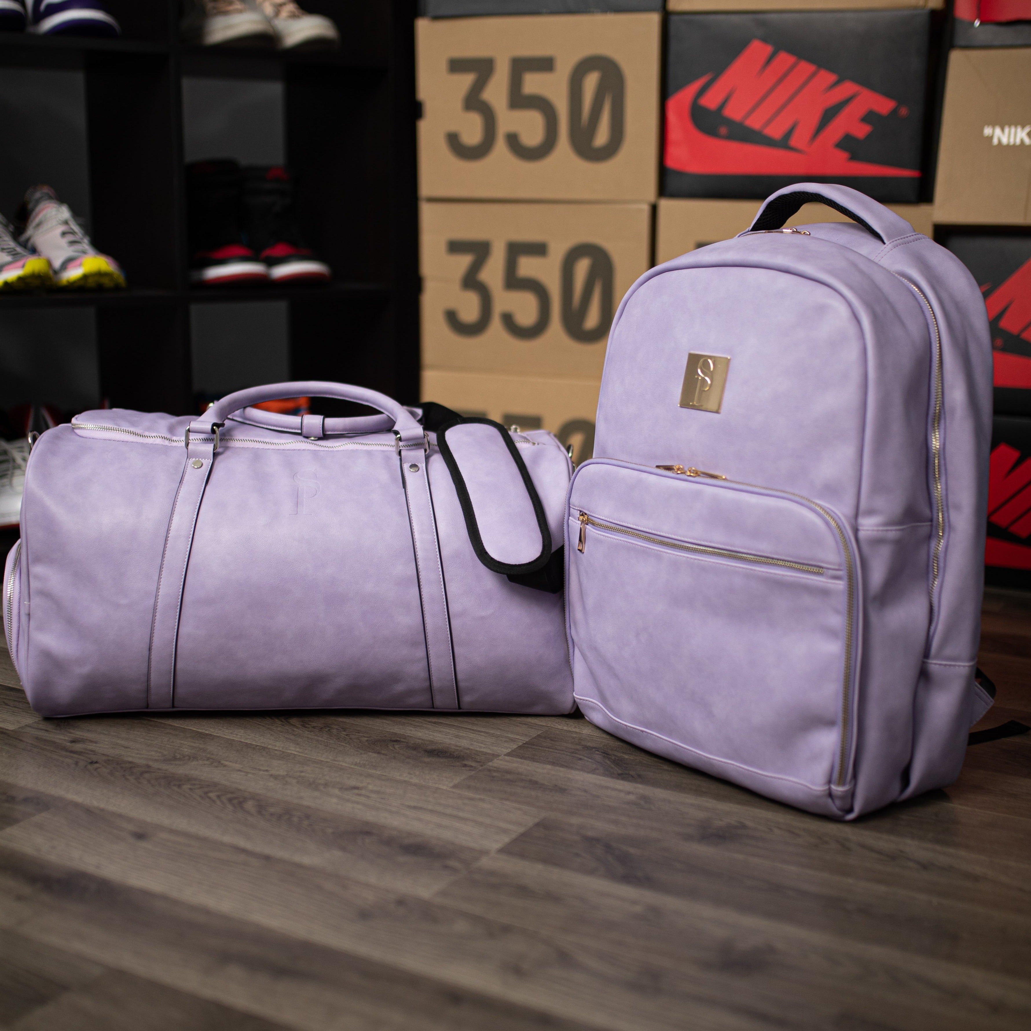 Purple Tumbled Leather 2 Bag Set (Commuter Backpack and Duffle)