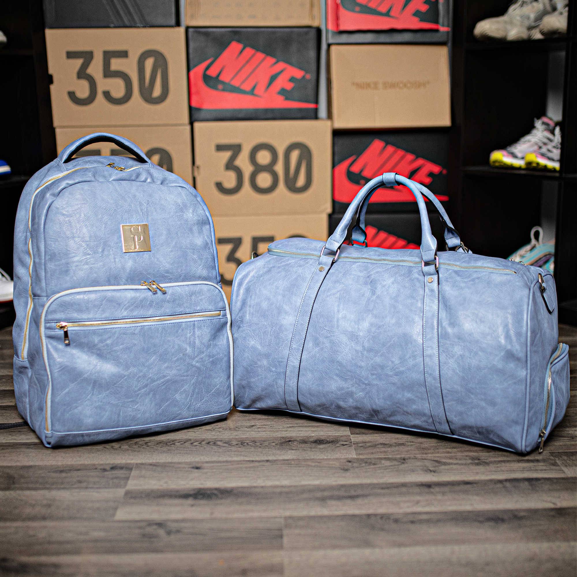 Baby Blue Tumbled Leather 2 Bag Set (Commuter and Duffle) - Sole Premise