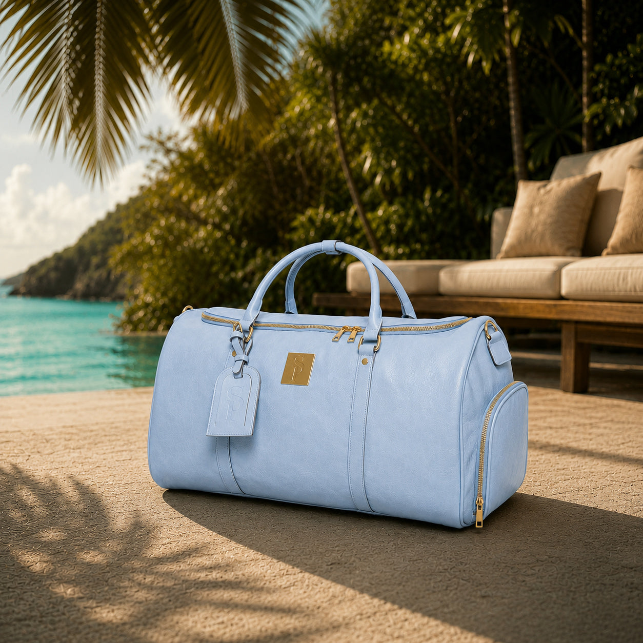 Baby Blue Leather Duffle Bag