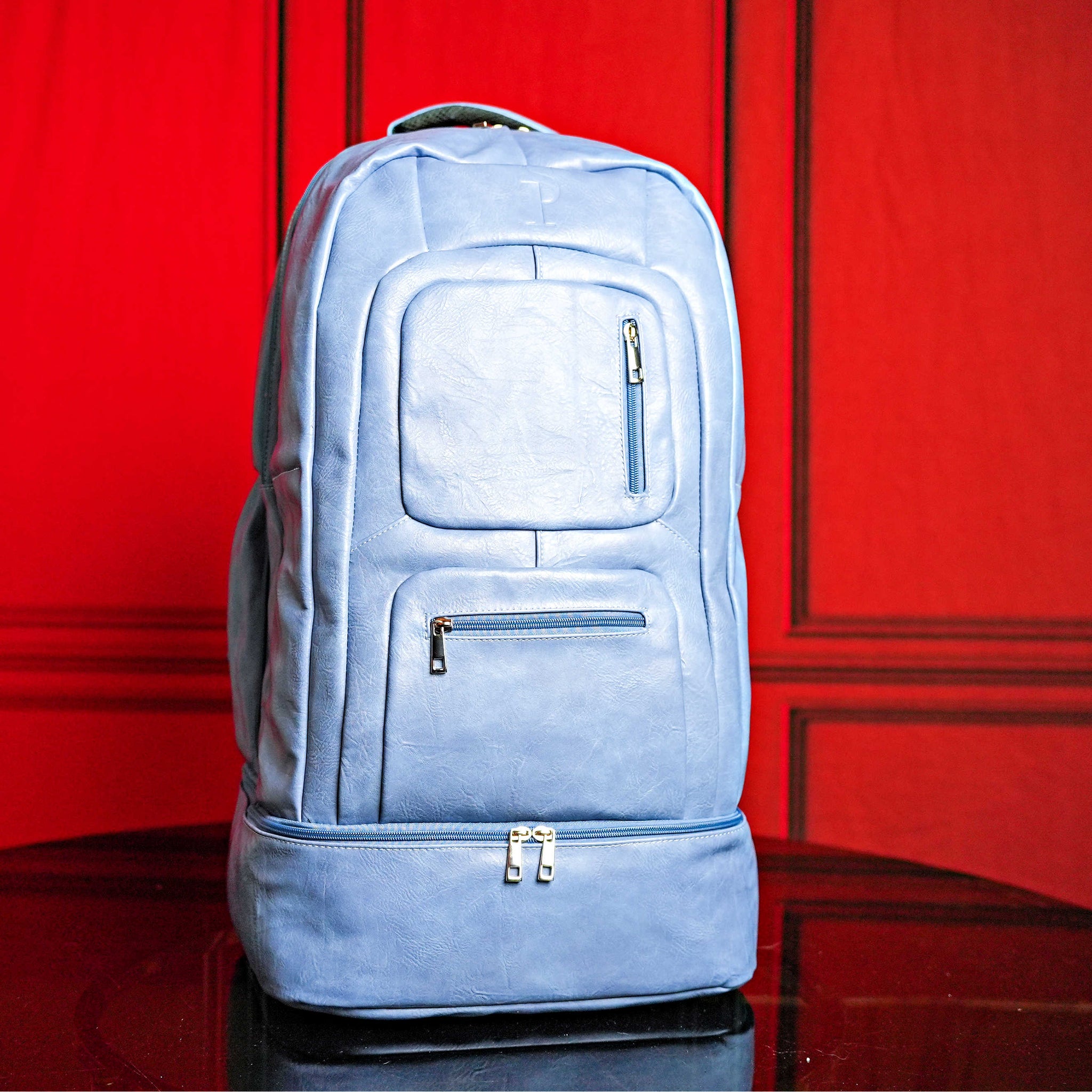 Baby Blue Leather Luxury Carry-On Backpack (Patented Signature Design)