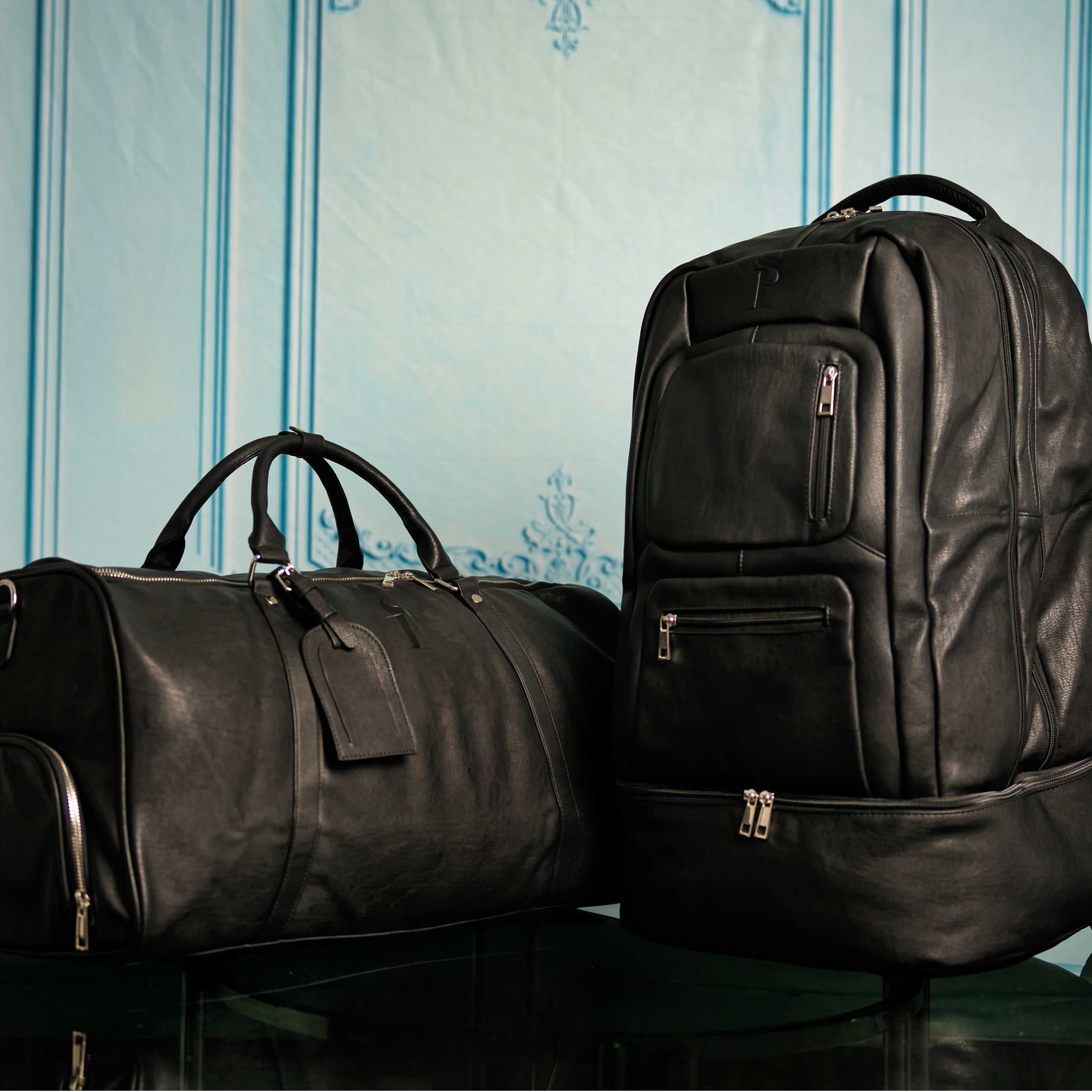 Black Leather Signature Bag Set (Signature Backpack and Duffle Bag