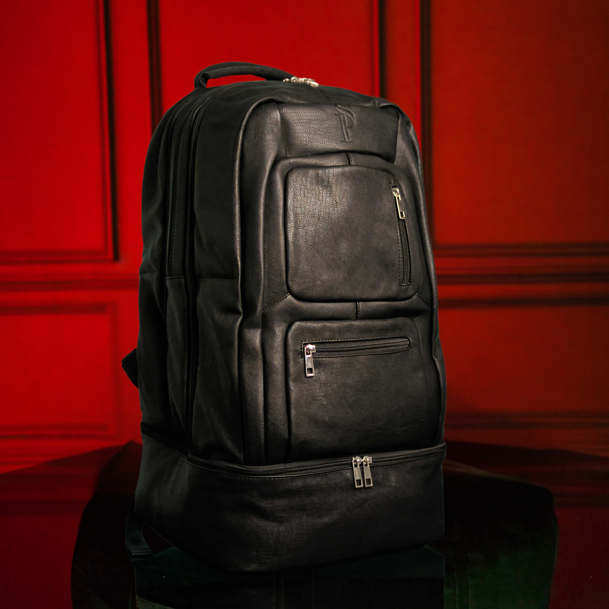 Black Leather Luxury Carry On Backpack (Patented Signature Design)