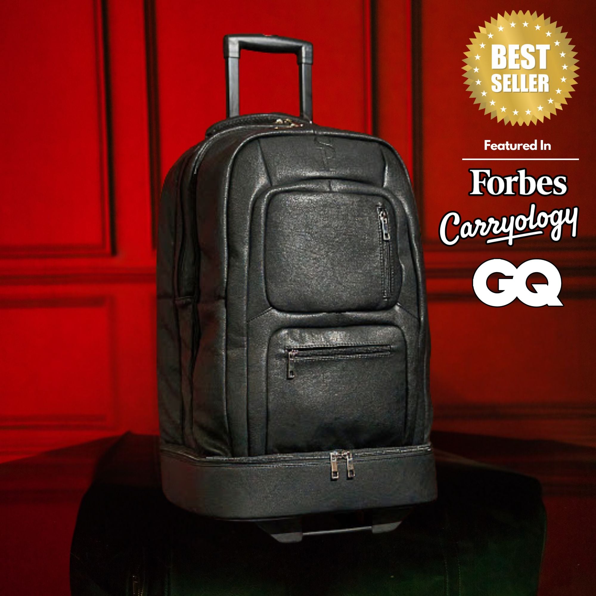 Black Leather Carry-On Patented Roller Bag