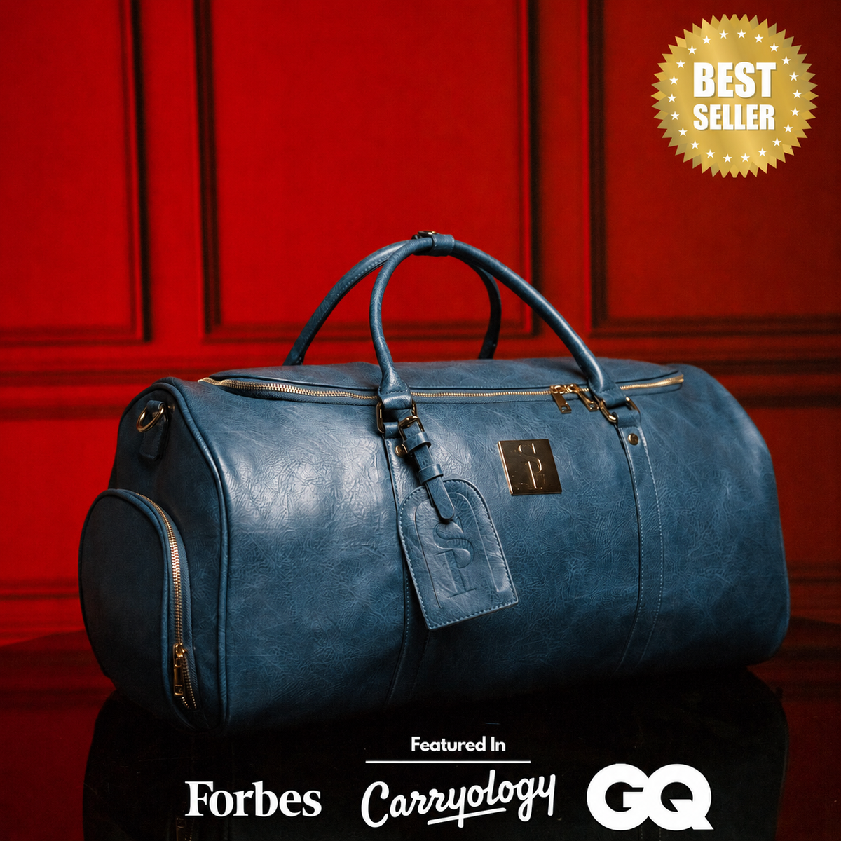 Blue Tumbled Leather Weekender Duffle Bag