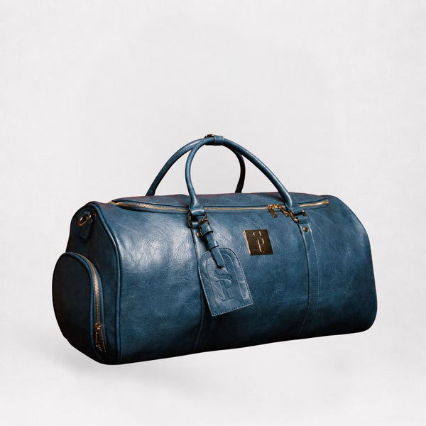 Blue Tumbled Leather Weekender Duffle Bag