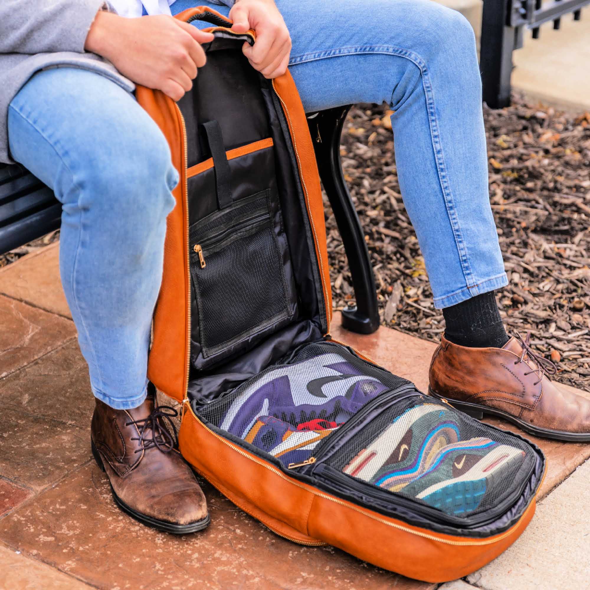 Leather backpack and clearance duffle bag set