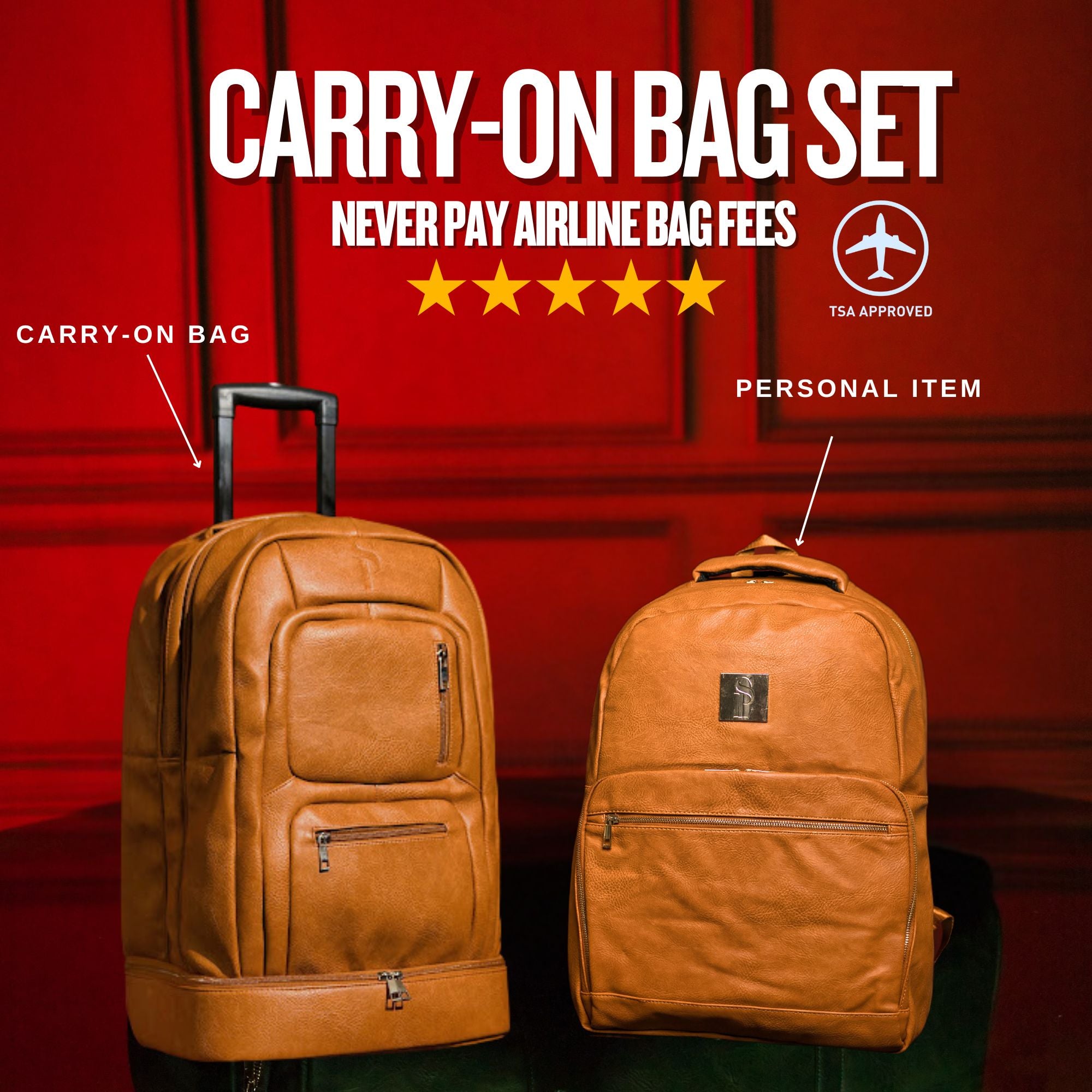 Brown Leather Roller Carry-on Set