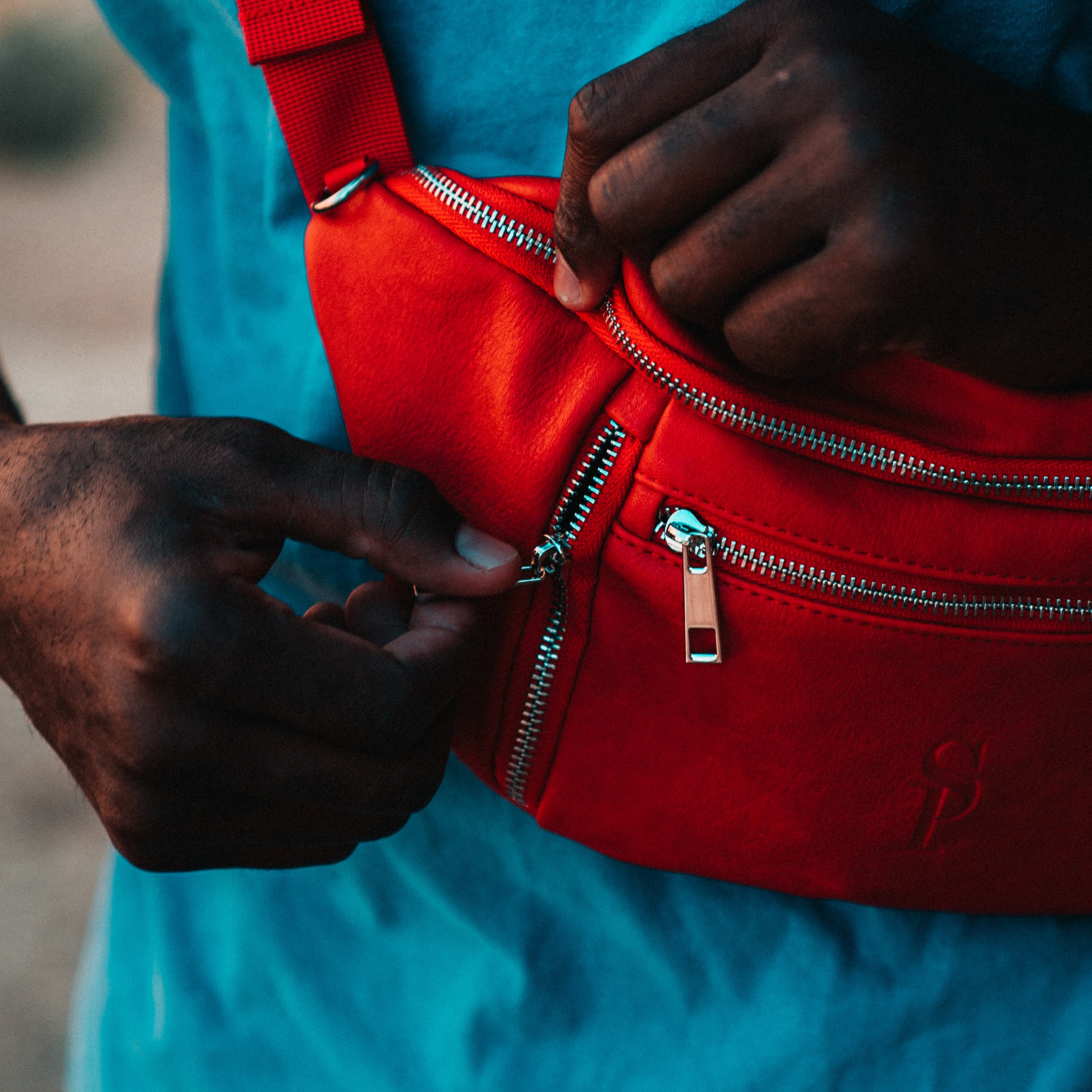 Sling Bag - store Red Faux Leather with Leather Black Front - Super Soft Luxurious Vinyl.