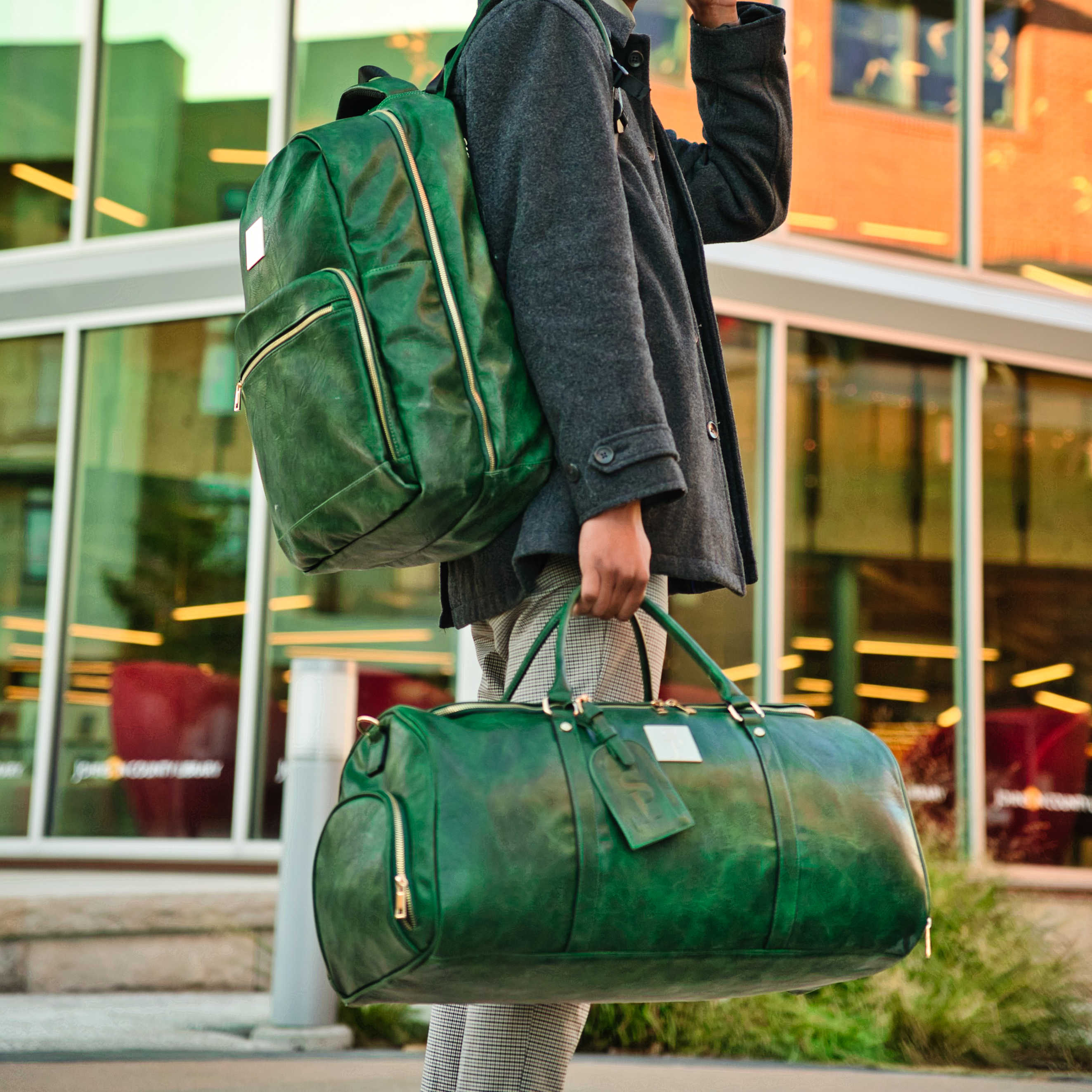 Emerald Green Tumbled Leather 2 Bag Set (Commuter Backpack and Duffle) - Sole Premise
