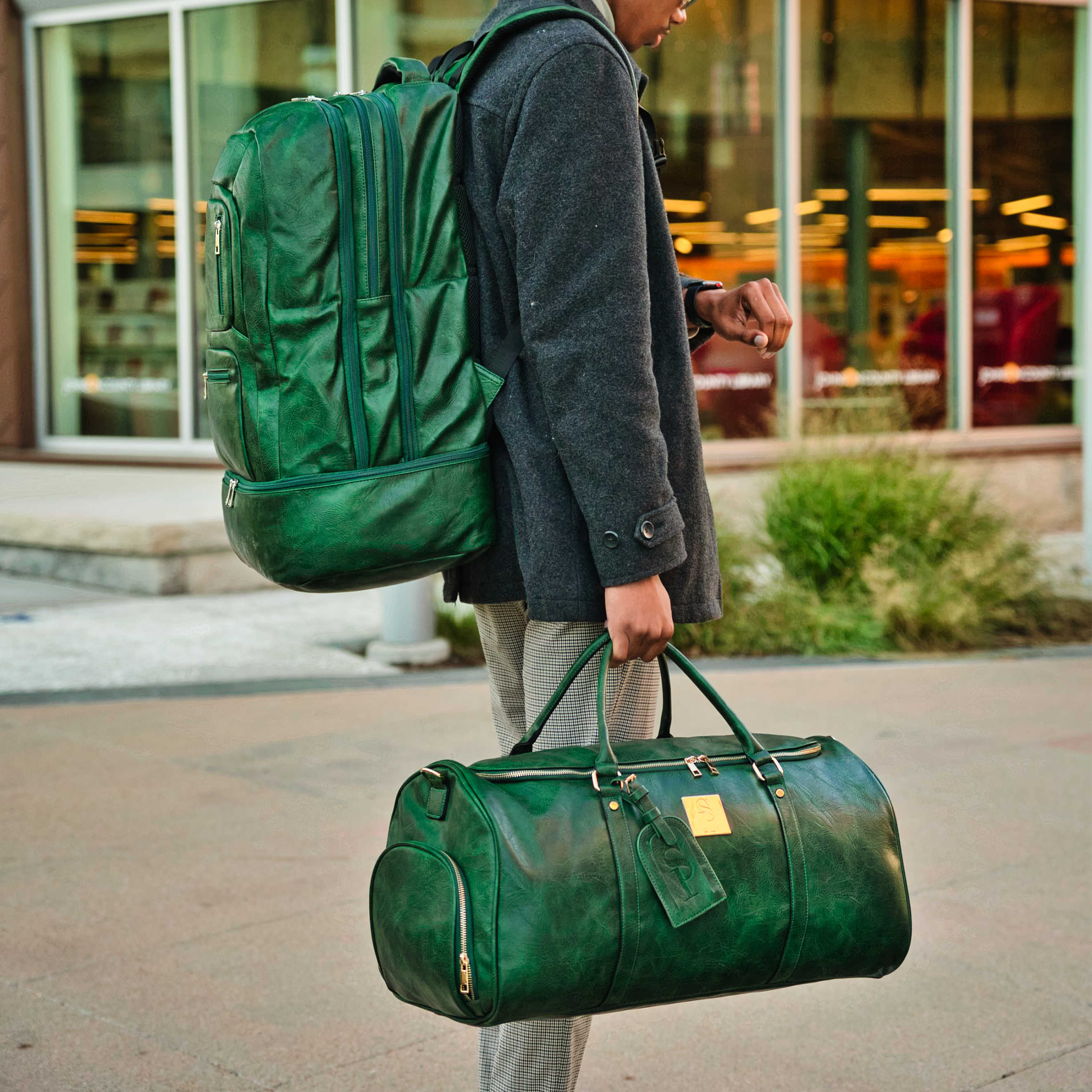 Green leather weekender bag Clearance