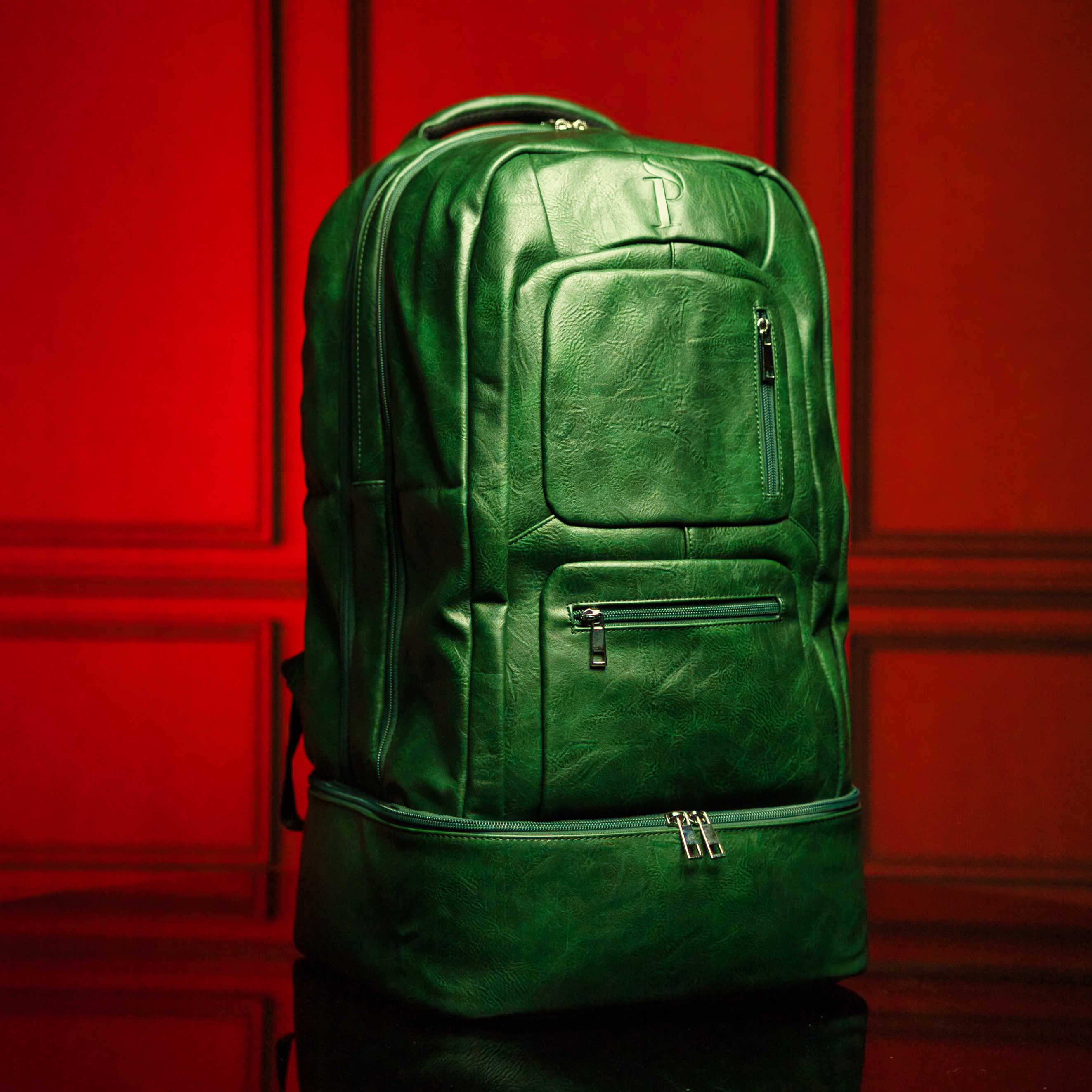 Green store leather backpack