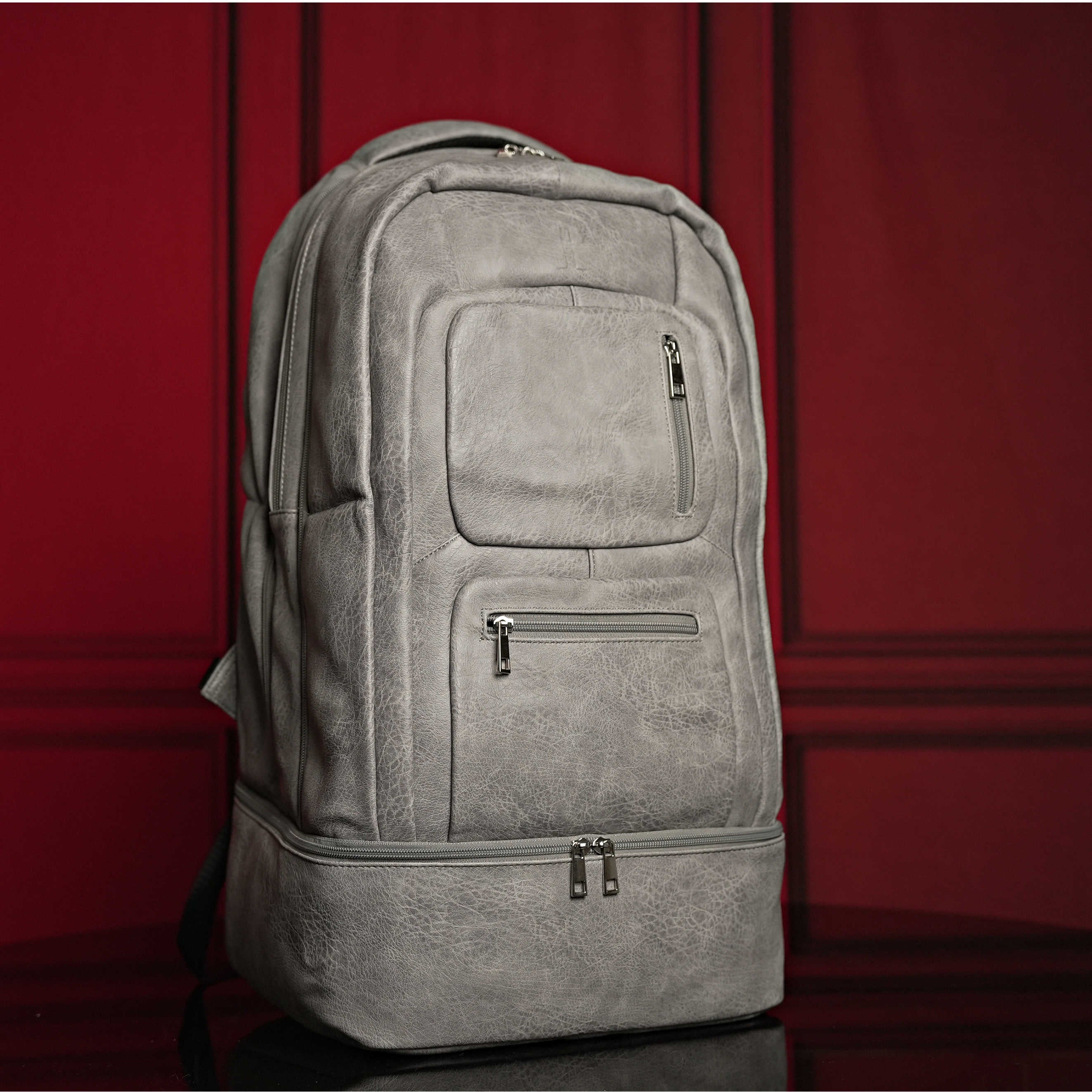 Grey Leather Luxury Carry-On Backpack (Patented Signature Design)