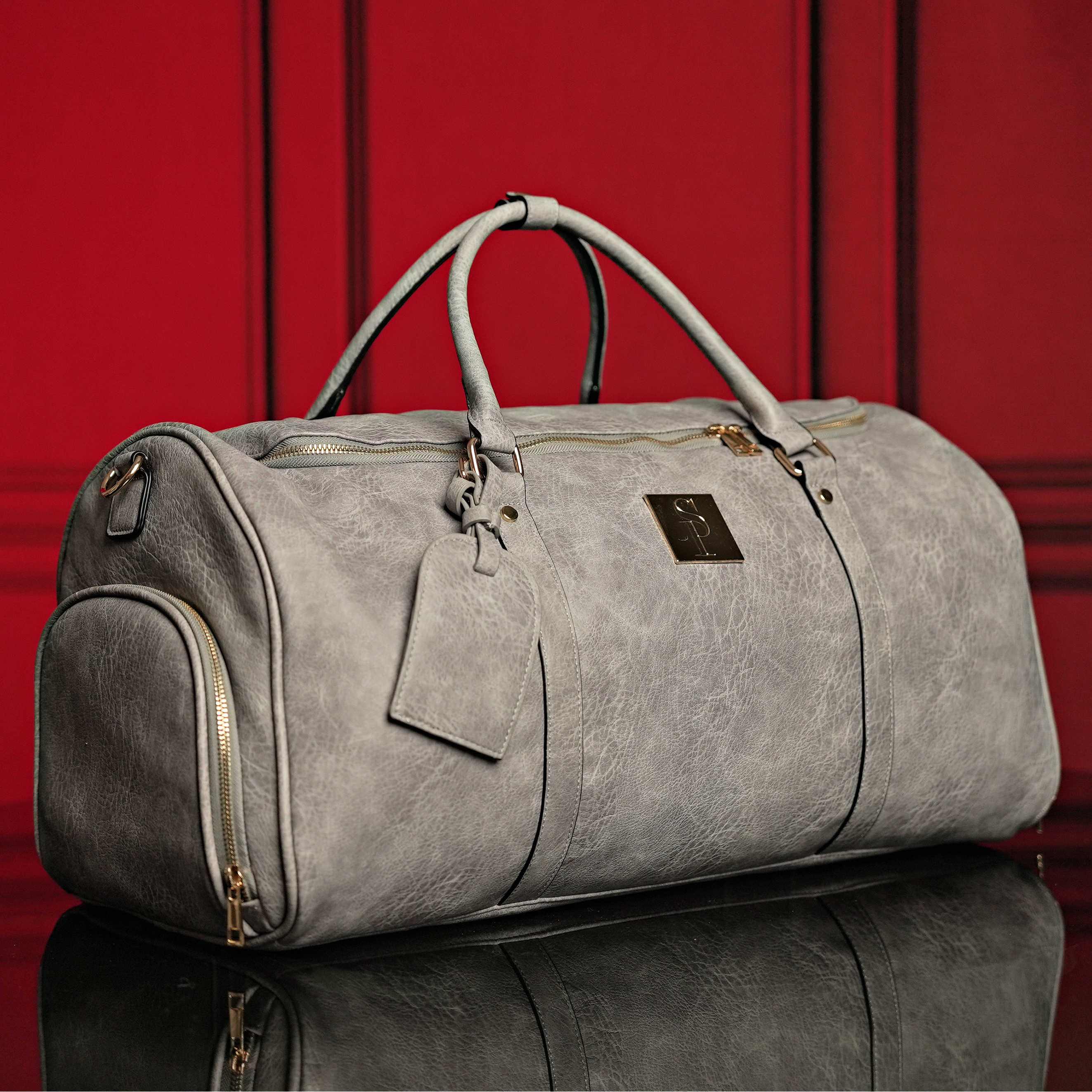 Grey Leather Duffle Bag
