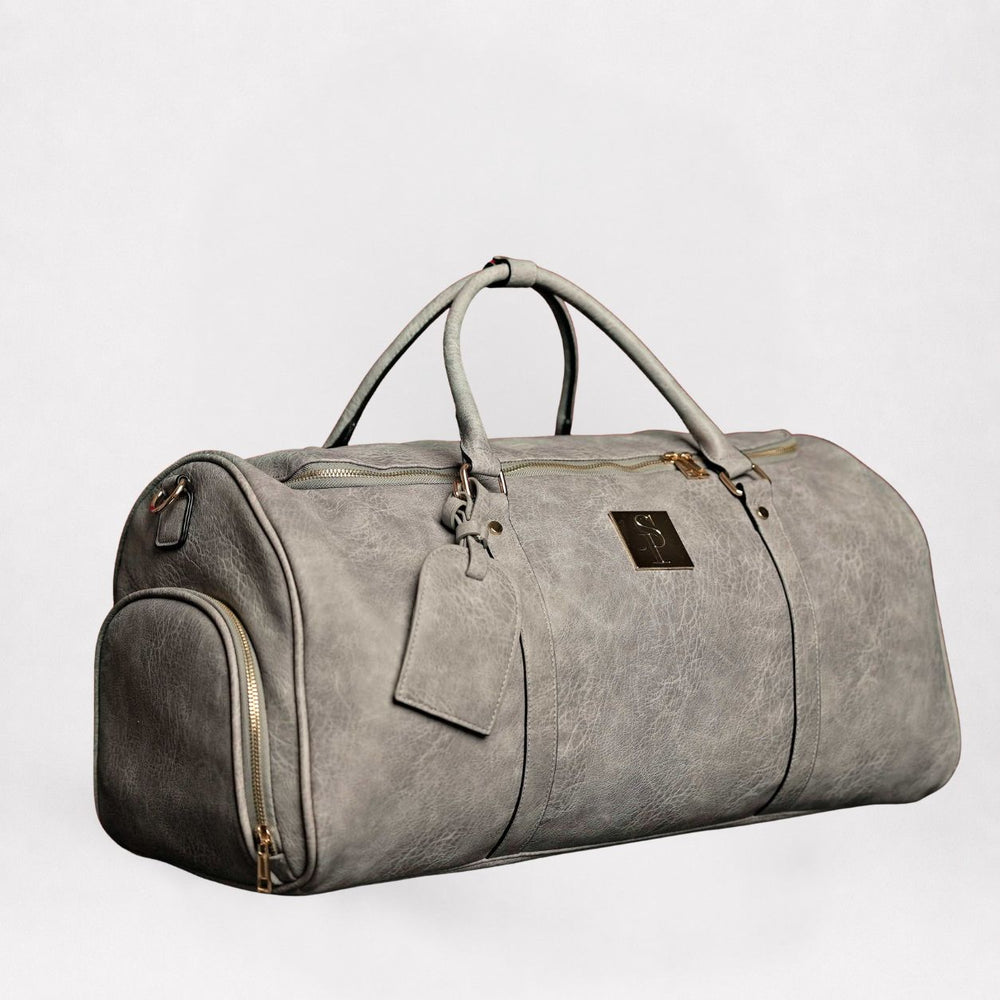 Grey Tumbled Leather Weekender Duffle Bag