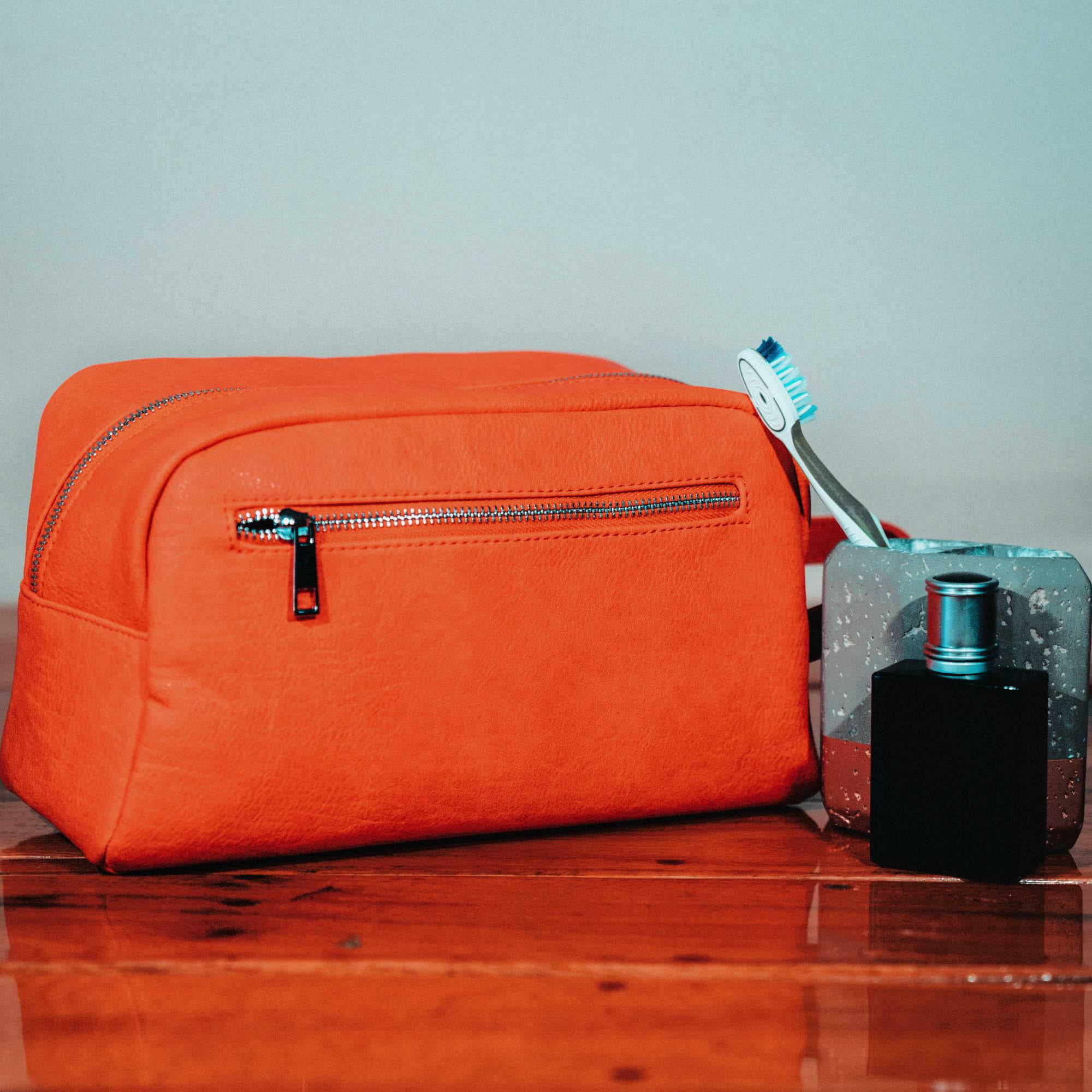 Orange Tumbled Leather Toiletry Bag - Sole Premise