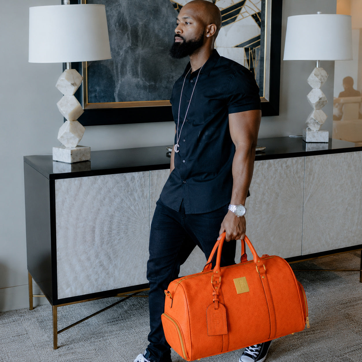 Orange Tumbled Leather Duffle Bag - Sole Premise