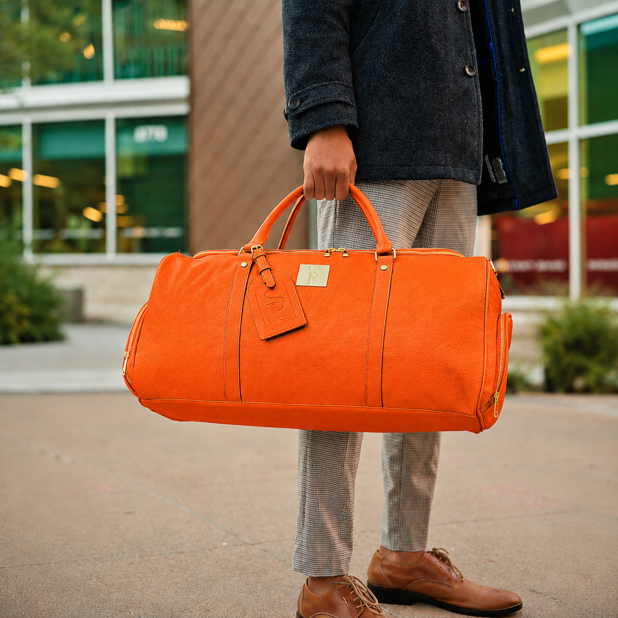 Orange Tumbled Leather Duffle Bag - Sole Premise