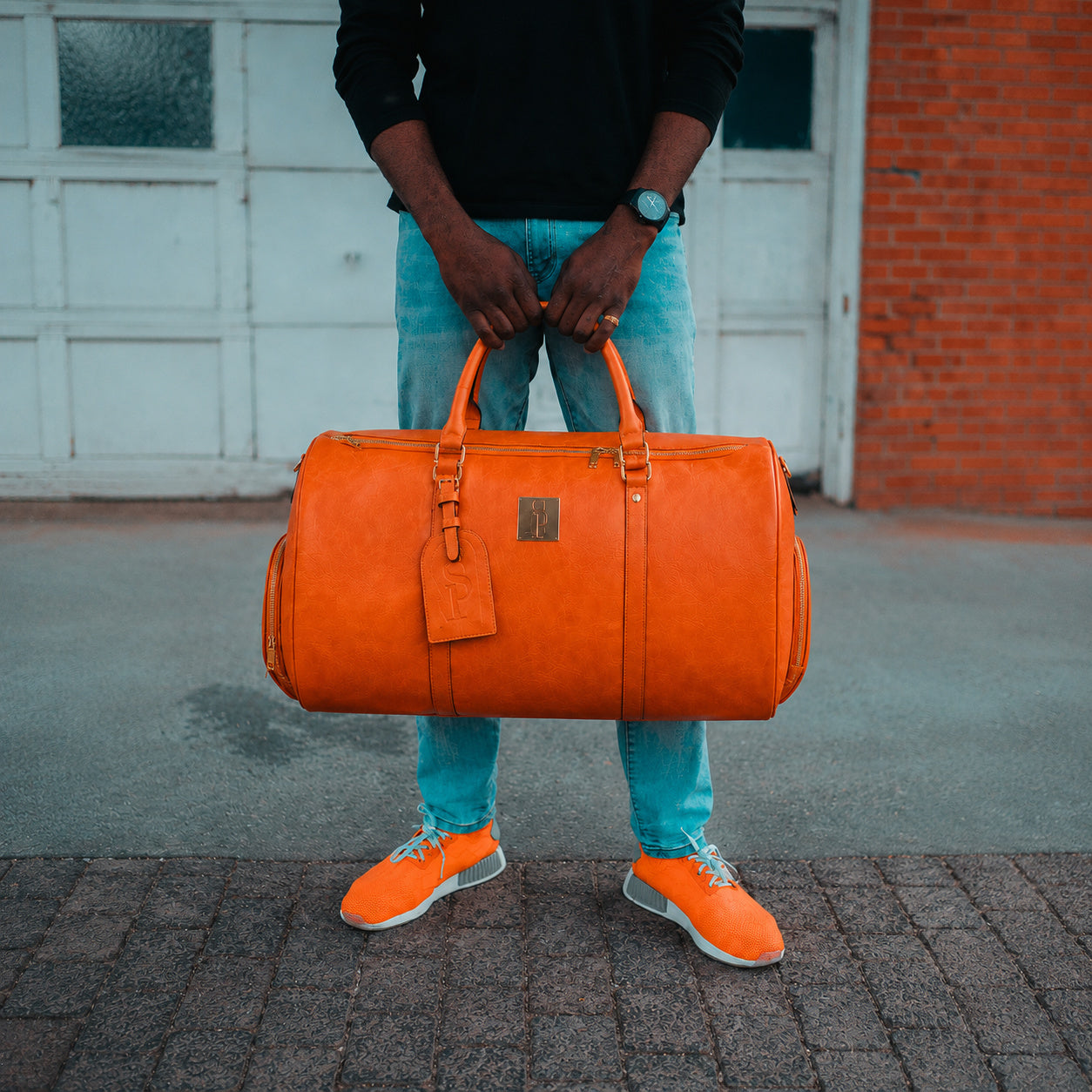 Orange Tumbled Leather Duffle Bag