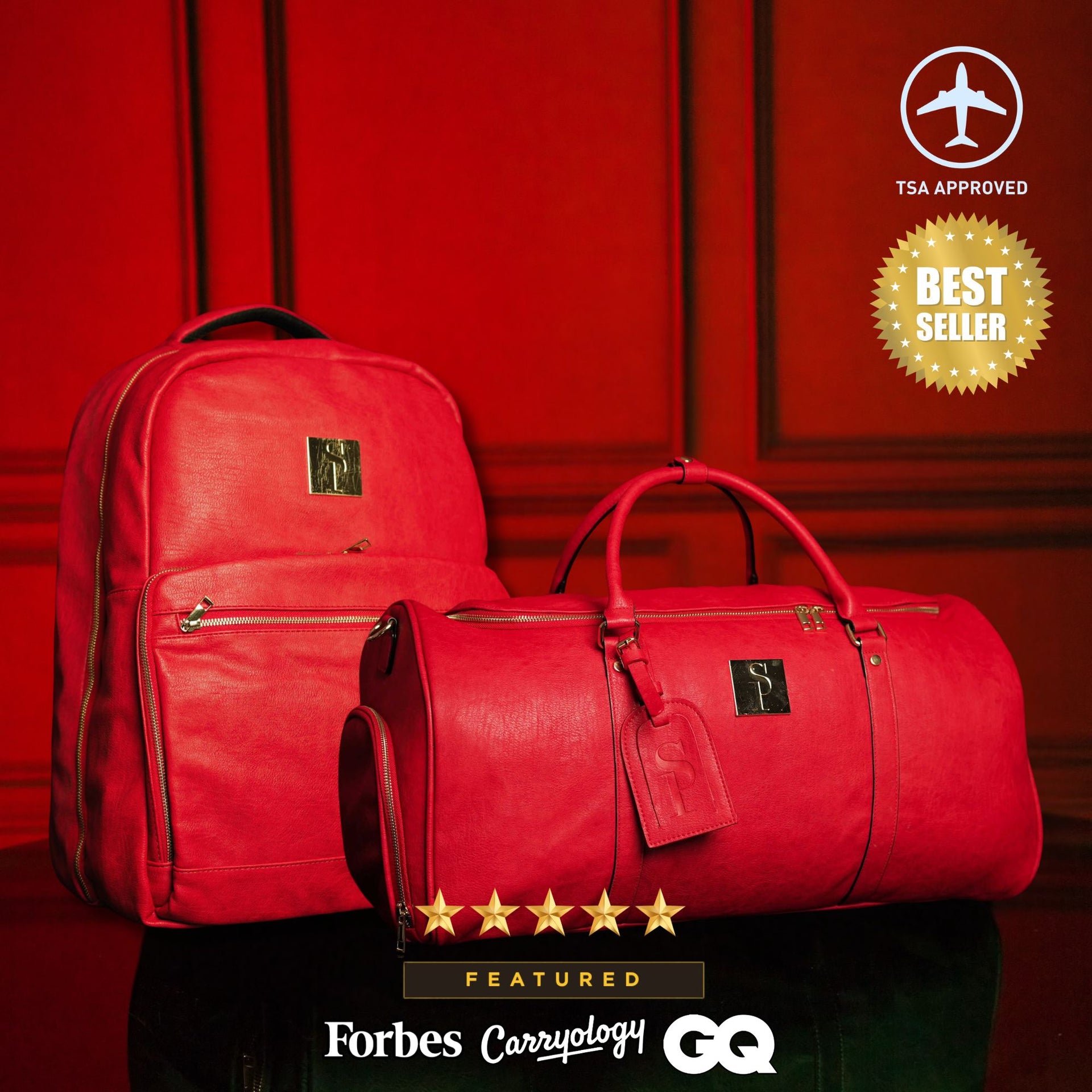 Red Tumbled Leather Commuter & Duffle Bag Set