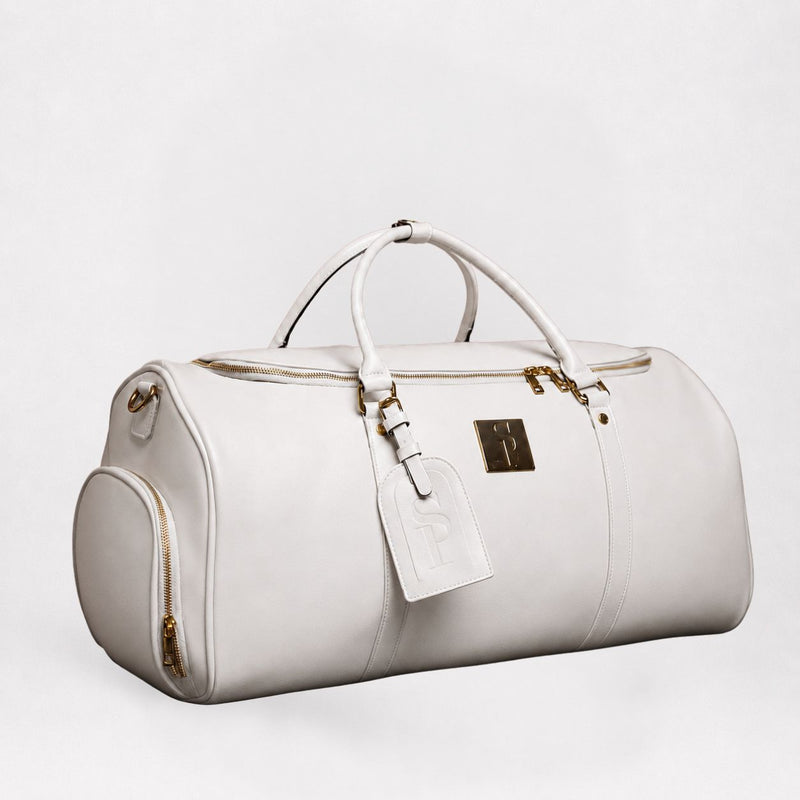 White Leather Weekender Duffle Bag