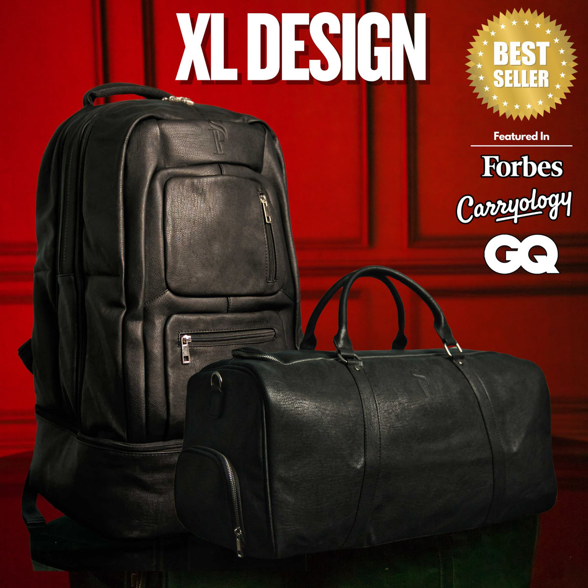 Sole Premise Black Leather XL Signature Bag Set (XL Signature Backpack and Duffle Bag)